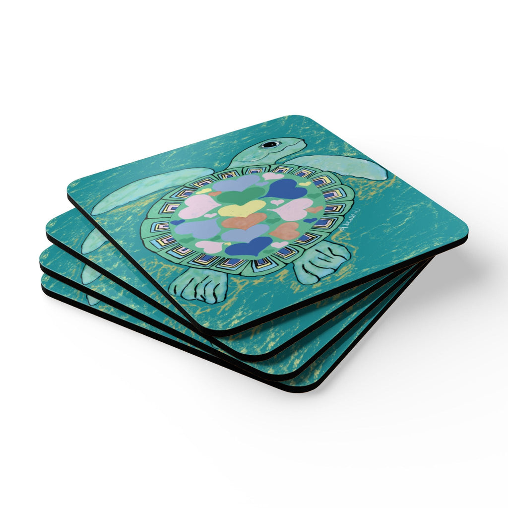 Love Sea Turtle Corkwood Coaster Set - Blue Cava