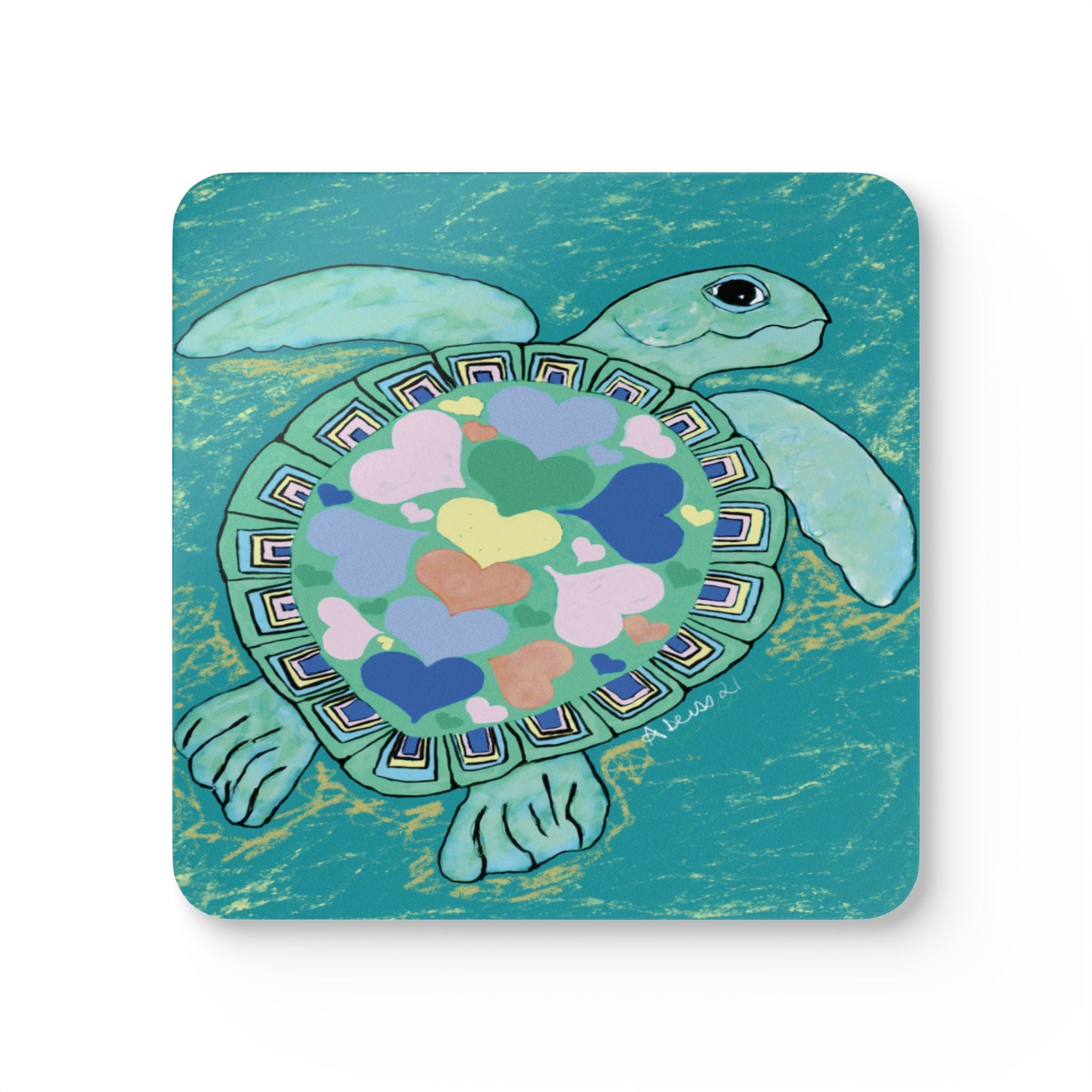 Love Sea Turtle Corkwood Coaster Set - Blue Cava