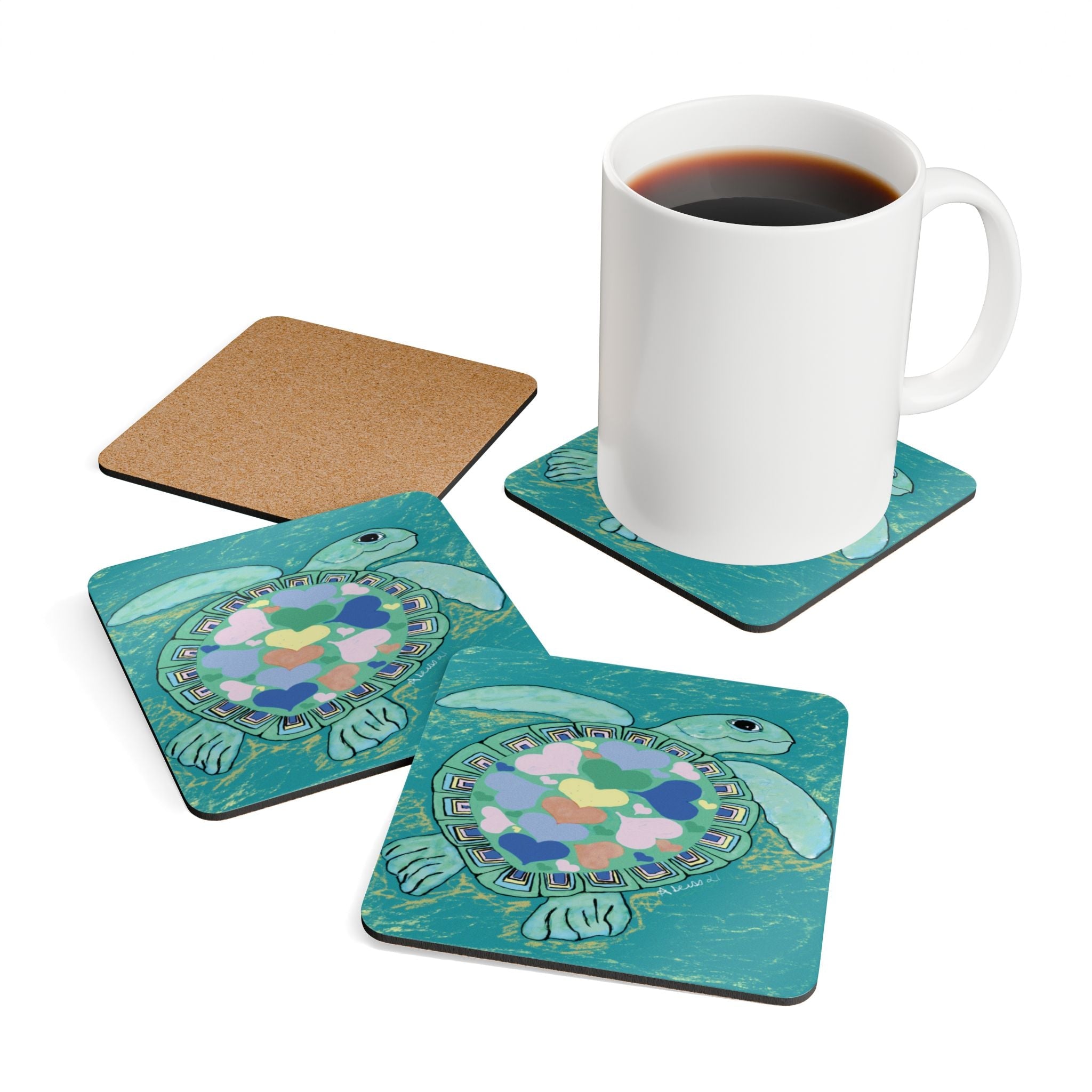 Love Sea Turtle Corkwood Coaster Set - Blue Cava