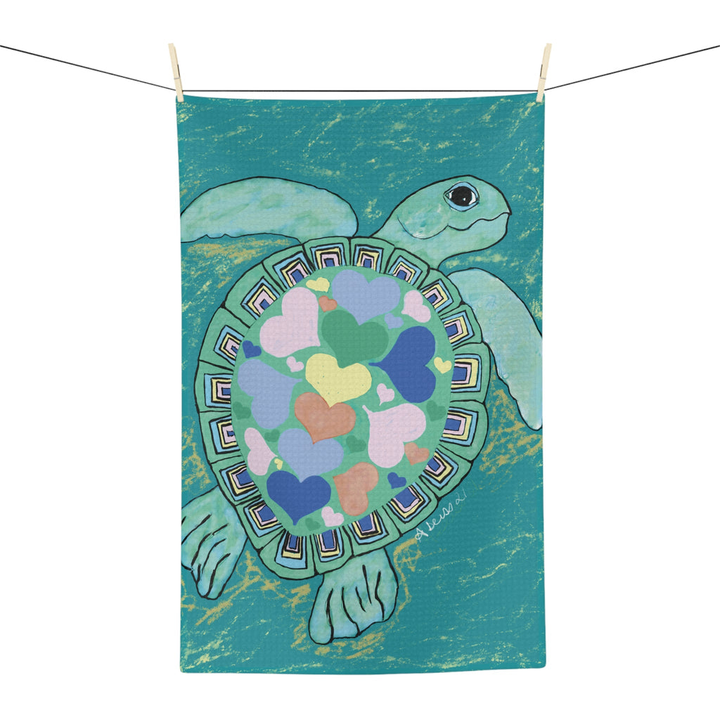 Love Sea Turtle Microfiber Waffle Kitchen Towel - Blue Cava