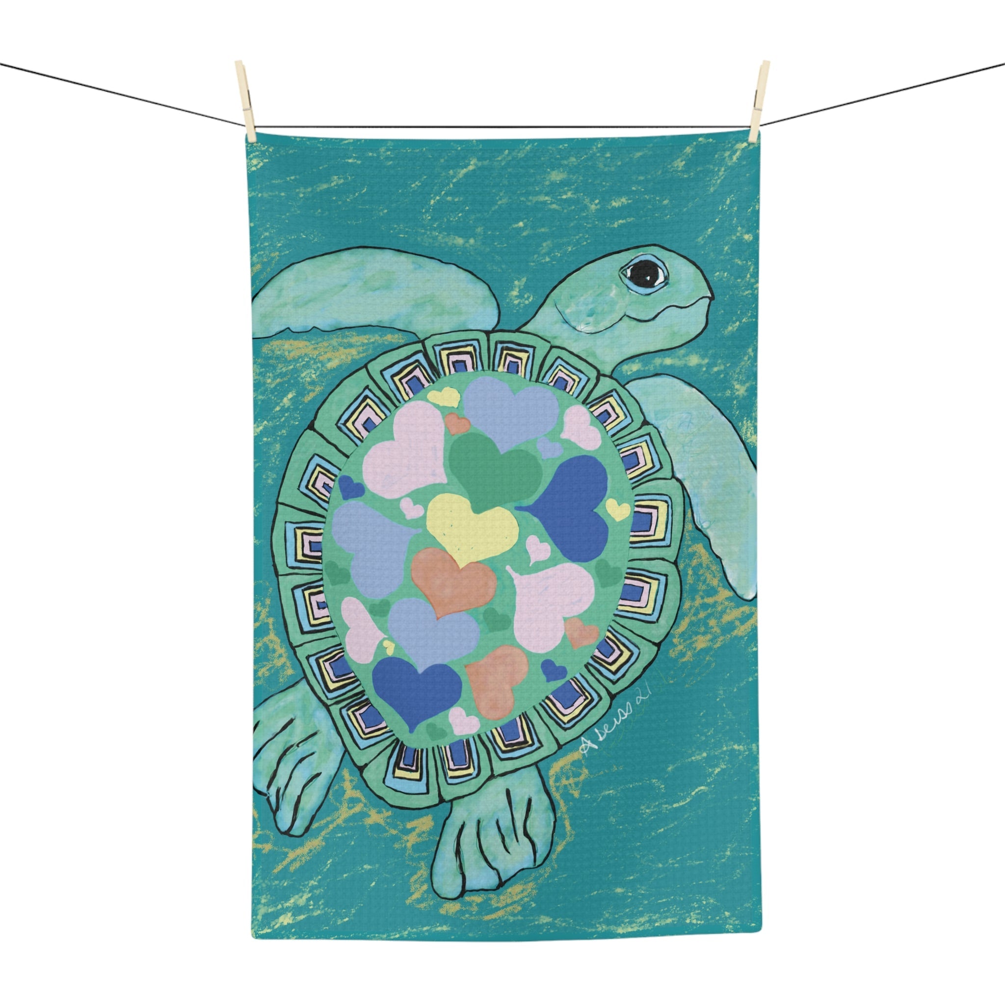 Love Sea Turtle Microfiber Waffle Kitchen Towel - Blue Cava
