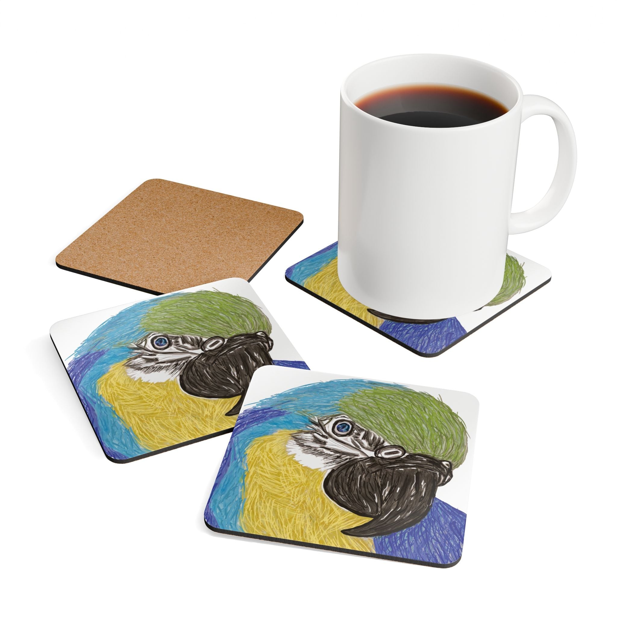 Macaw Bird Corkwood Coaster Set - Blue Cava