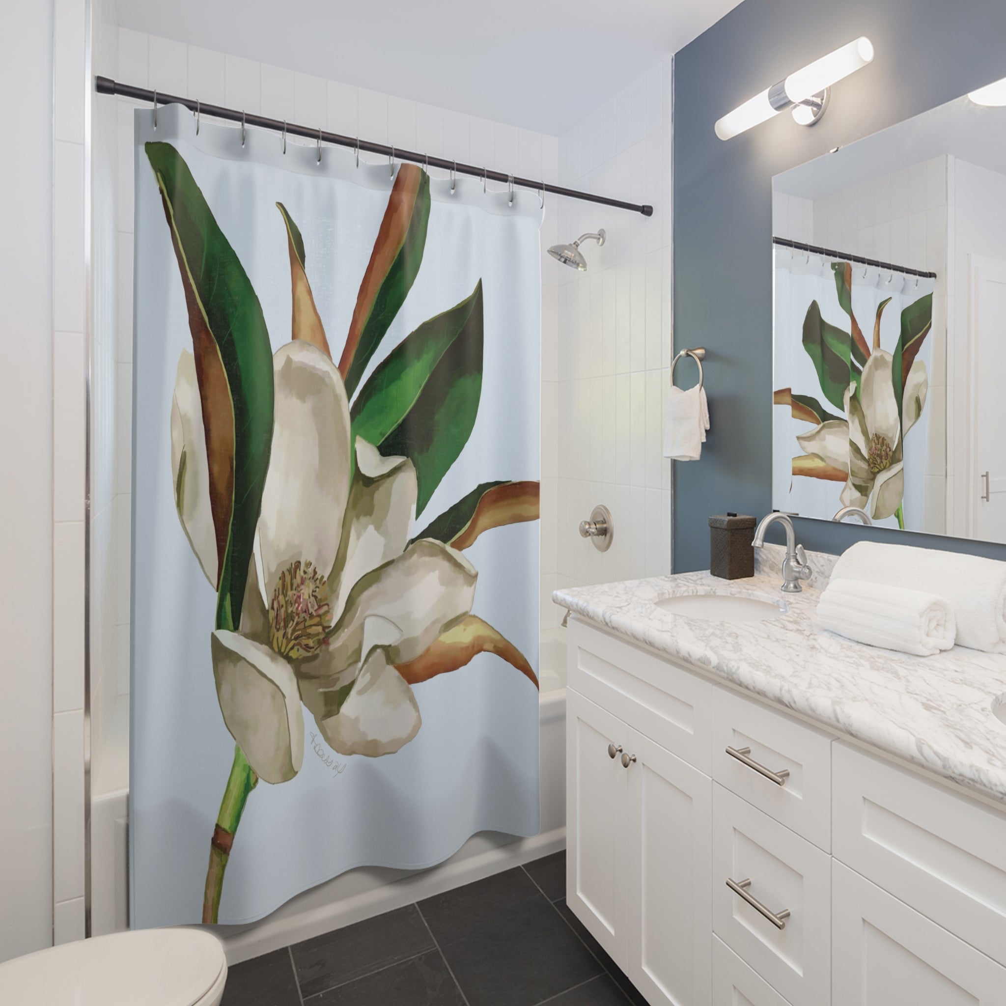 Magnolia Bloom Shower Curtain — Botanical Floral Bathroom Decor - Blue Cava