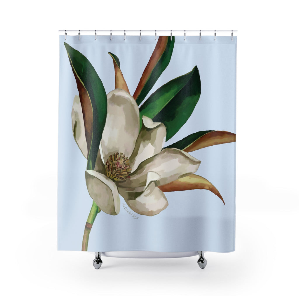 Magnolia Bloom Shower Curtain — Botanical Floral Bathroom Decor - Blue Cava