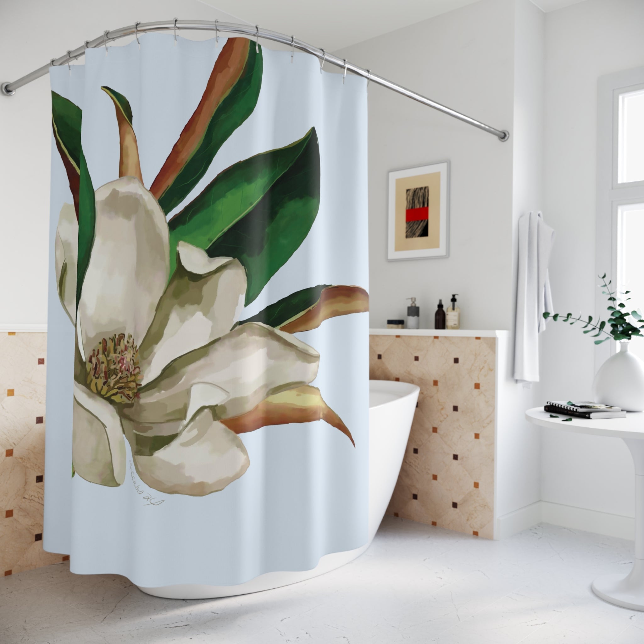 Magnolia Bloom Shower Curtain — Botanical Floral Bathroom Decor - Blue Cava