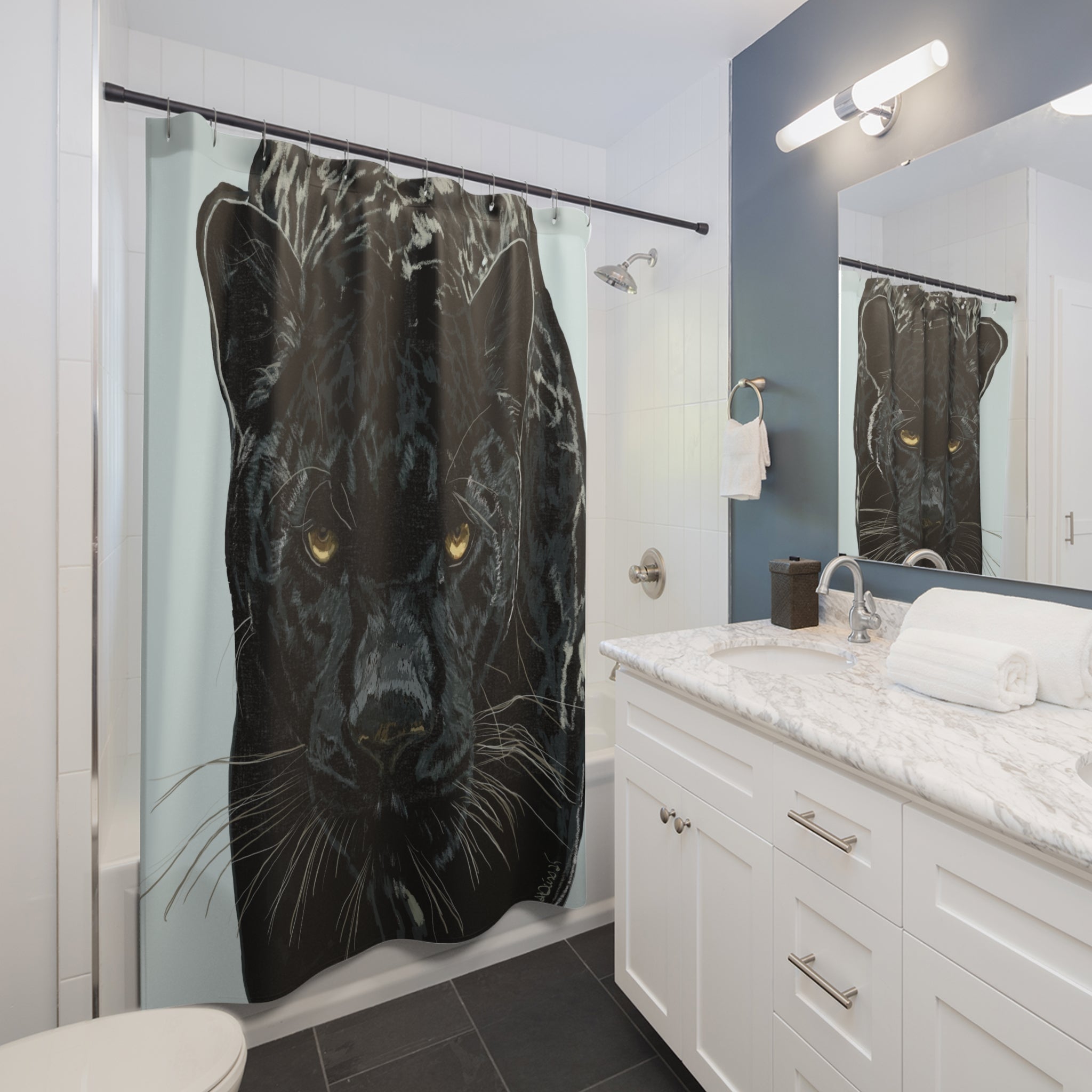 Majestic Black Panther Shower Curtain - Bold Jungle Decor - Blue Cava