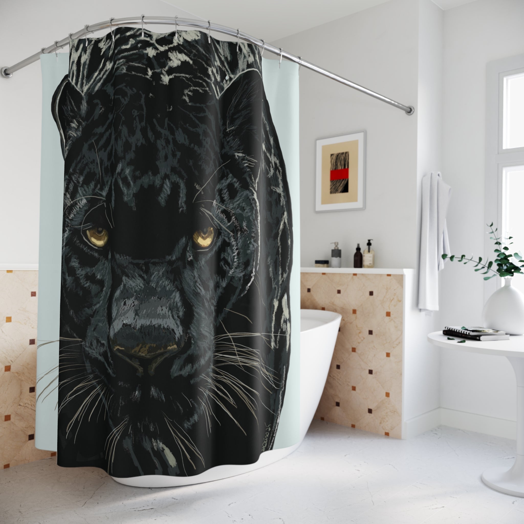 Majestic Black Panther Shower Curtain - Bold Jungle Decor - Blue Cava