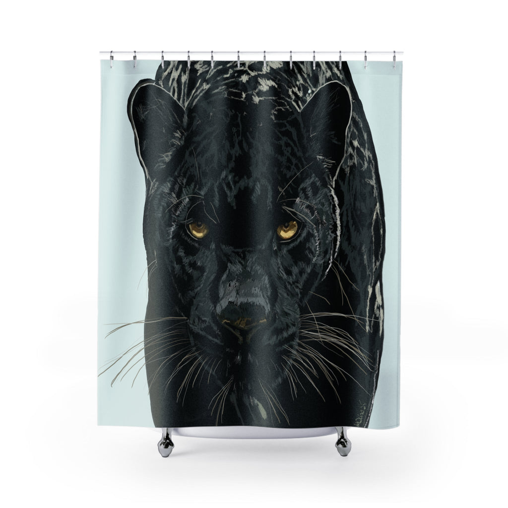 Majestic Black Panther Shower Curtain - Bold Jungle Decor - Blue Cava
