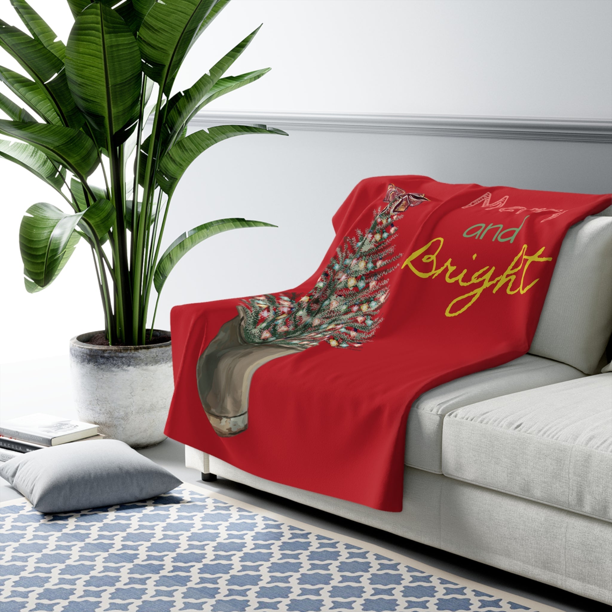 Merry and Bright Christmas Sherpa Throw Blanket - Blue Cava