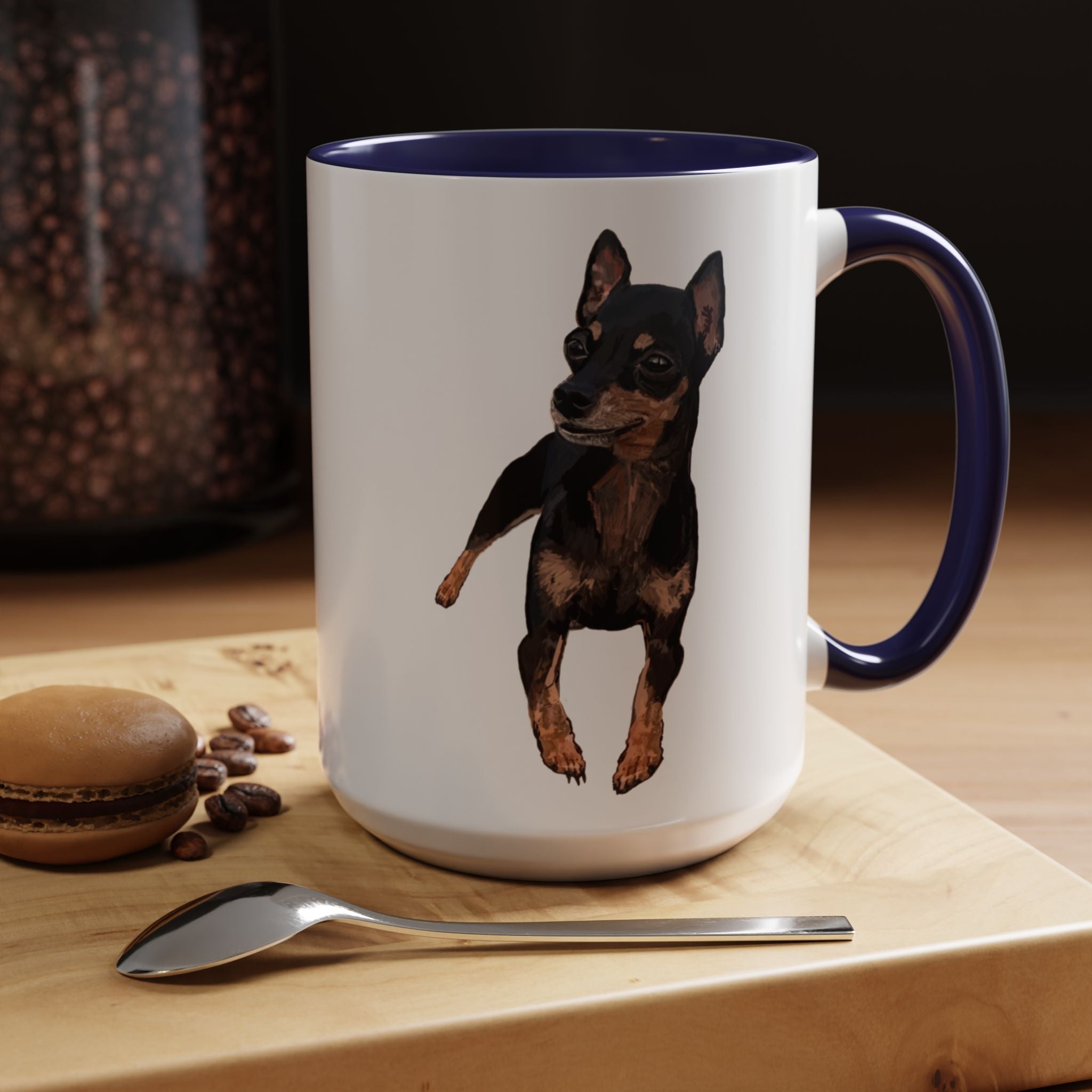 Miniature Pinscher Dog "Charlie" Two Tone Ceramic Mugs - Blue Cava