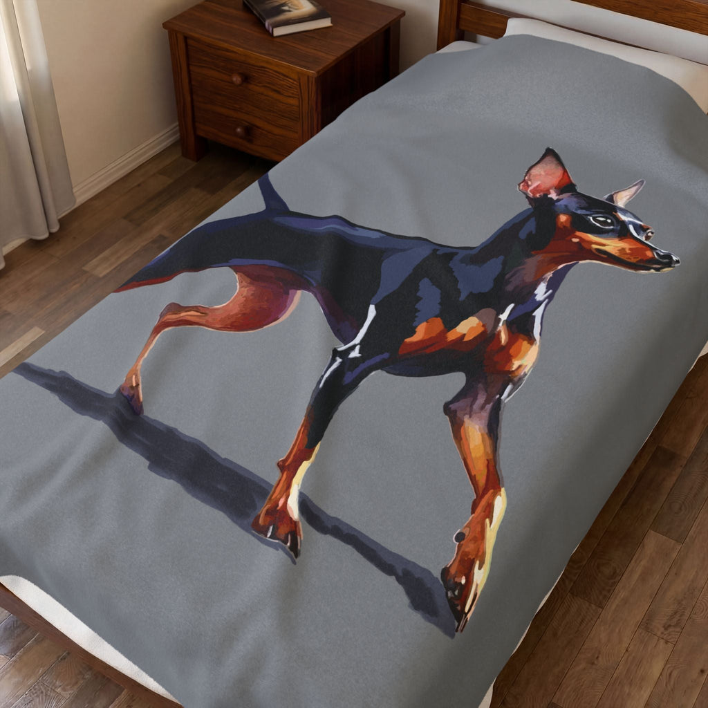 Miniature Pinscher Velveteen Plush Blanket — Soft Dog Portrait Throw for Pet Lovers - Blue Cava