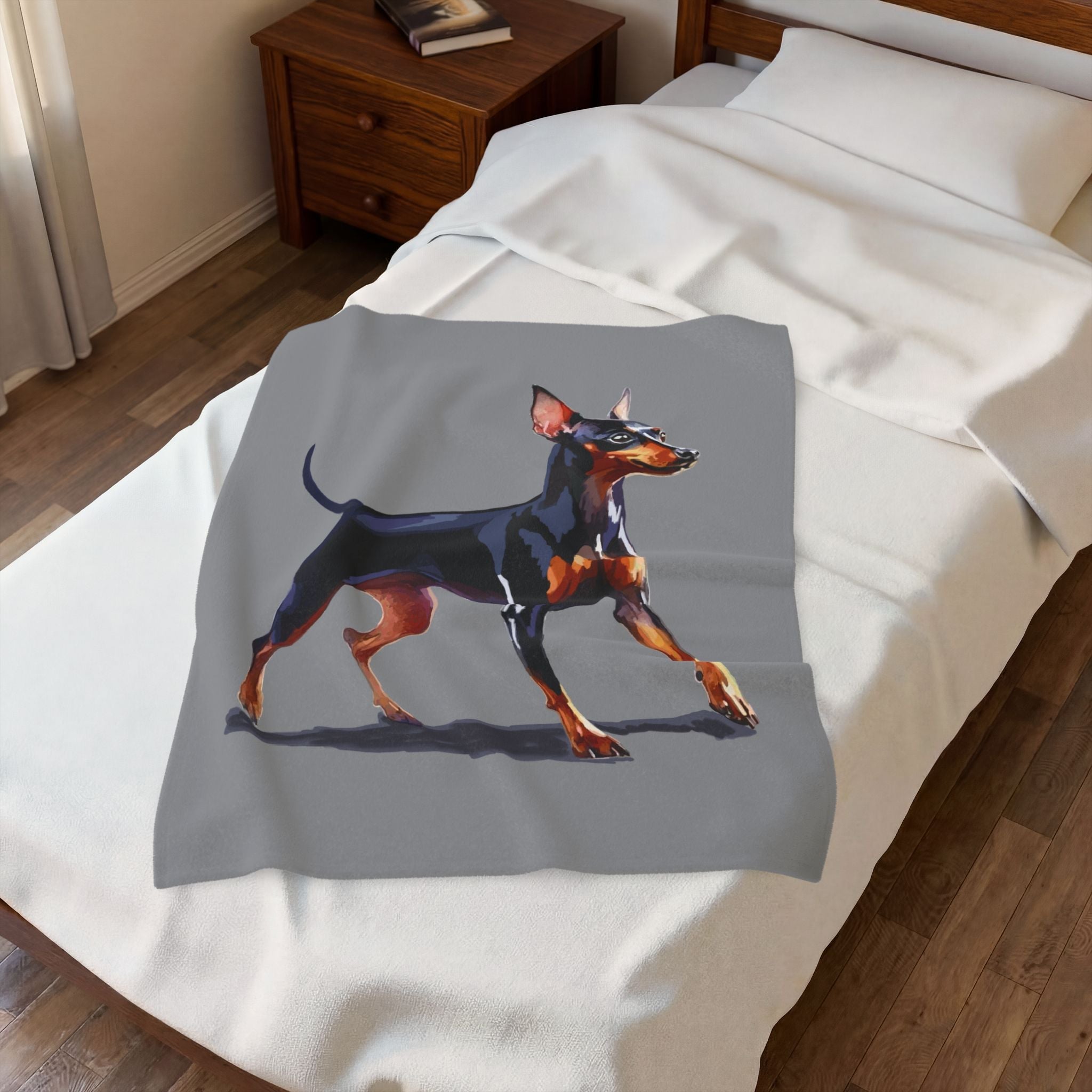Miniature Pinscher Velveteen Plush Blanket — Soft Dog Portrait Throw for Pet Lovers - Blue Cava
