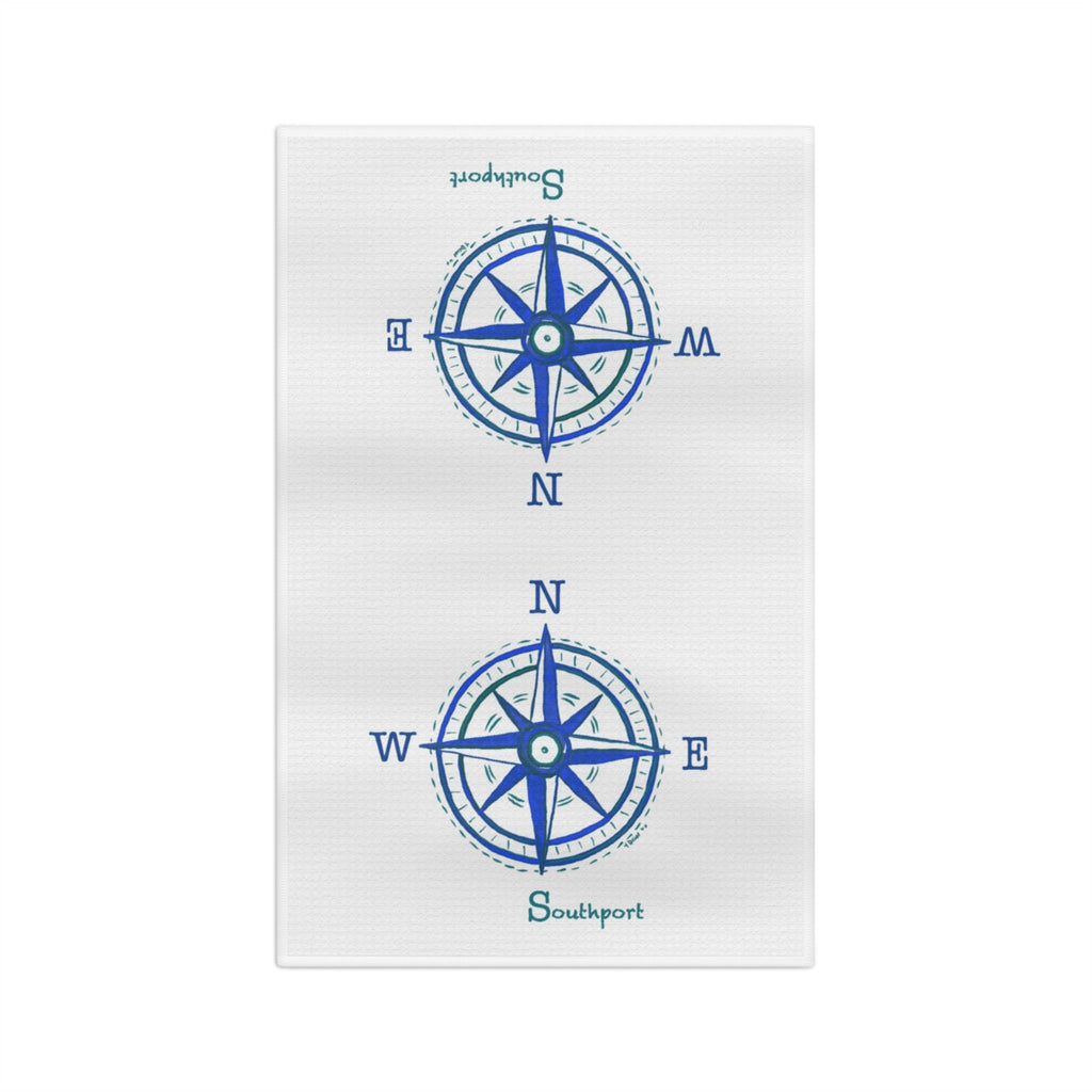 Nautical Southport NC Compass Microfiber Waffle Kitchen Towel - Blue Cava