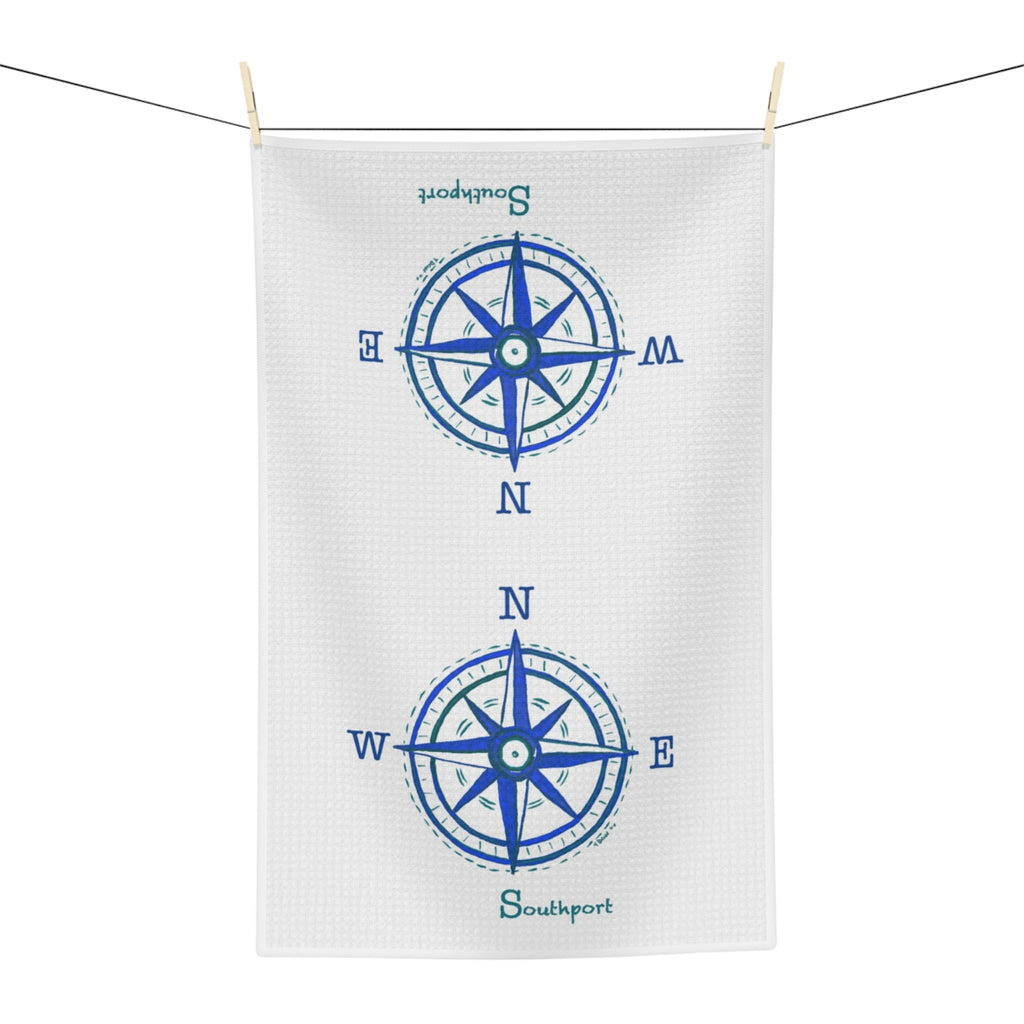 Nautical Southport NC Compass Microfiber Waffle Kitchen Towel - Blue Cava