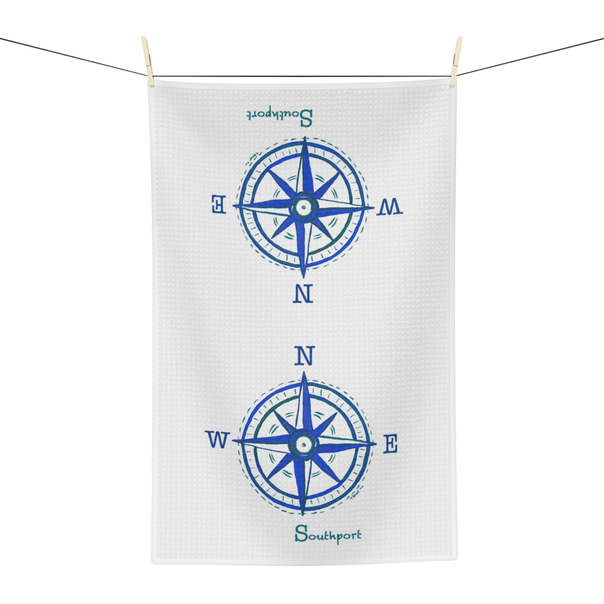 Nautical Southport NC Compass Microfiber Waffle Kitchen Towel - Blue Cava