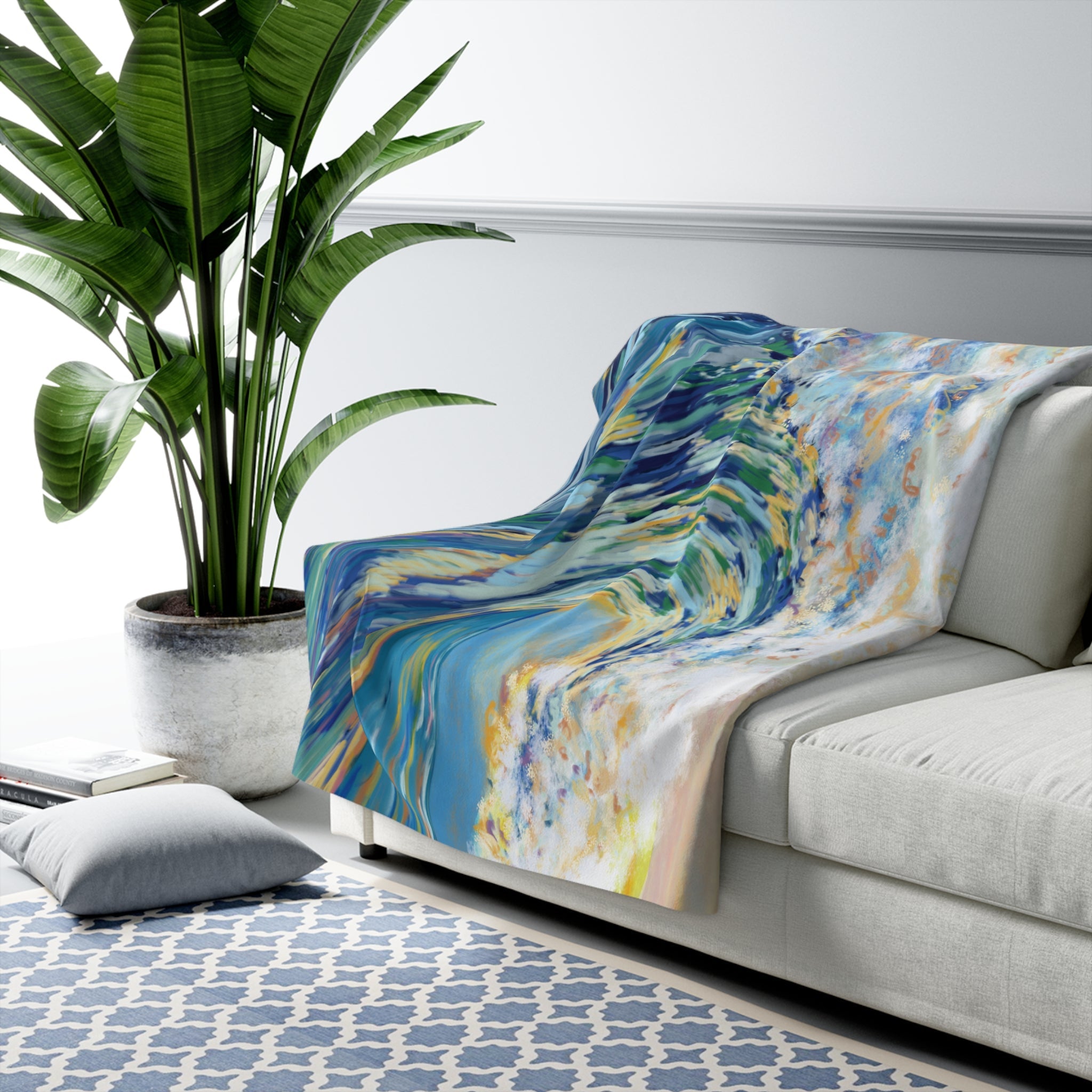 Ocean Wave Sherpa Fleece Blanket - Cozy Home Decor for Beach Lovers - Blue Cava