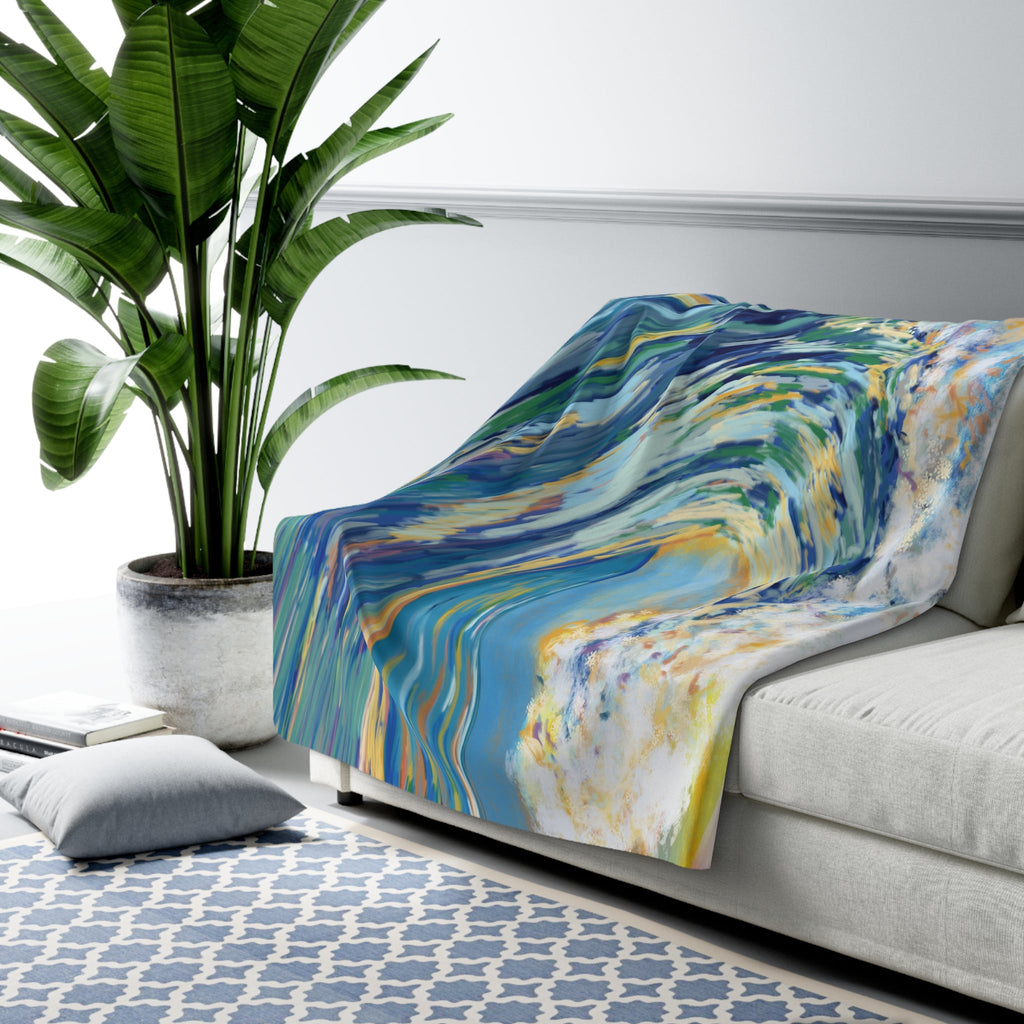Ocean Wave Sherpa Fleece Blanket - Cozy Home Decor for Beach Lovers - Blue Cava