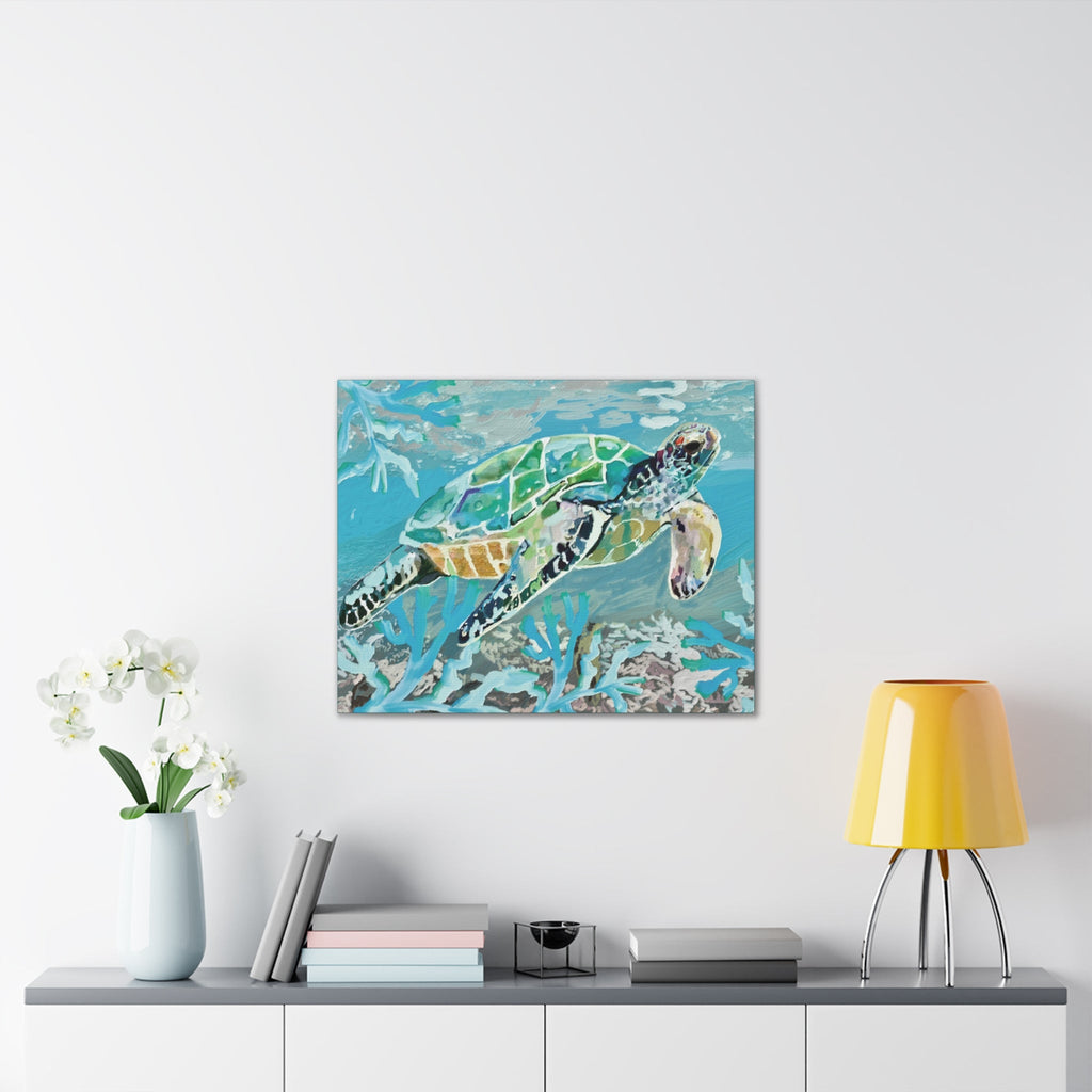 Horizontal OKI Sea Turtle Coastal Canvas Stretched Canvas Wall Art, 0.75" depth. Multiple sizes available. - Blue Cava