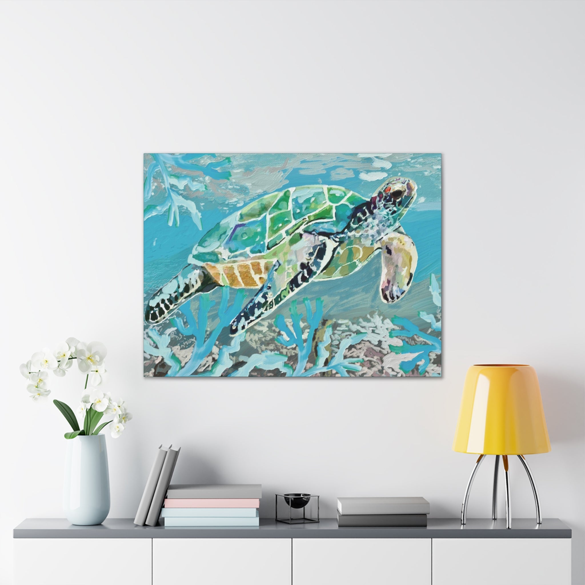 Horizontal OKI Sea Turtle Coastal Canvas Stretched Canvas Wall Art, 0.75" depth. Multiple sizes available. - Blue Cava
