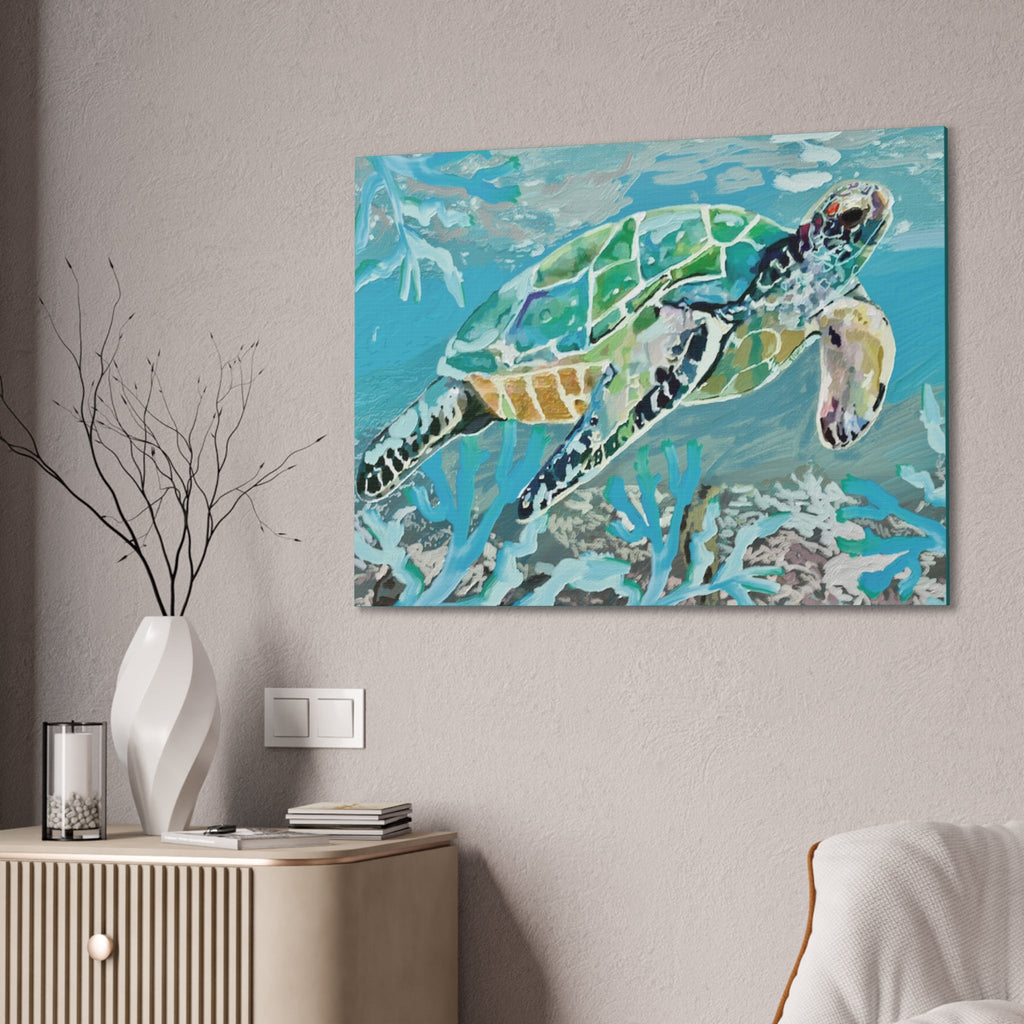 Horizontal OKI Sea Turtle Coastal Canvas Stretched Canvas Wall Art, 0.75" depth. Multiple sizes available. - Blue Cava