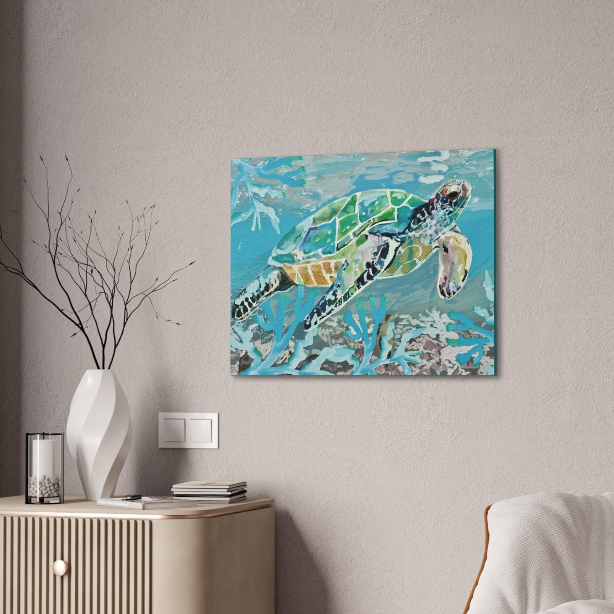 Horizontal OKI Sea Turtle Coastal Canvas Stretched Canvas Wall Art, 0.75" depth. Multiple sizes available. - Blue Cava