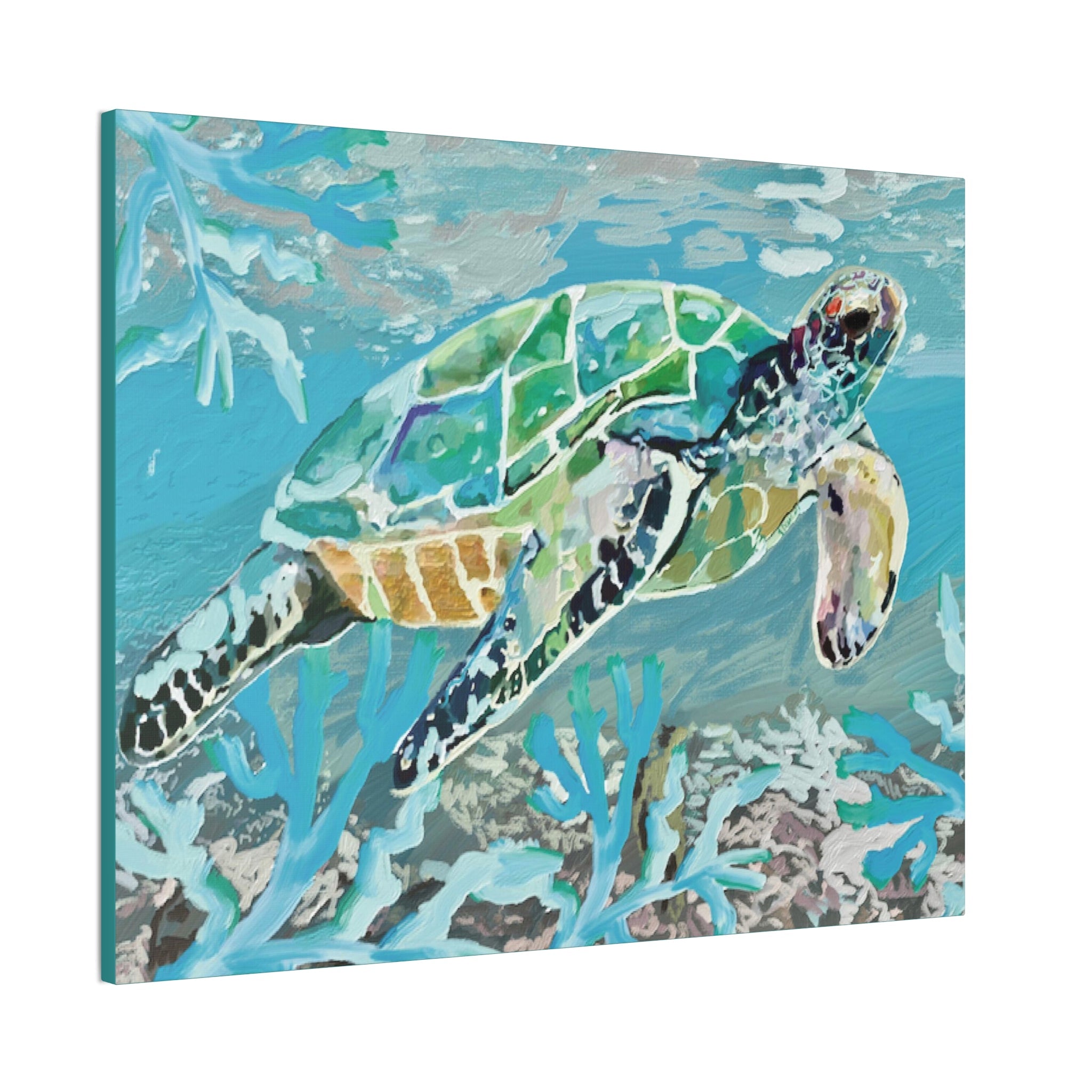 Horizontal OKI Sea Turtle Coastal Canvas Stretched Canvas Wall Art, 0.75" depth. Multiple sizes available. - Blue Cava