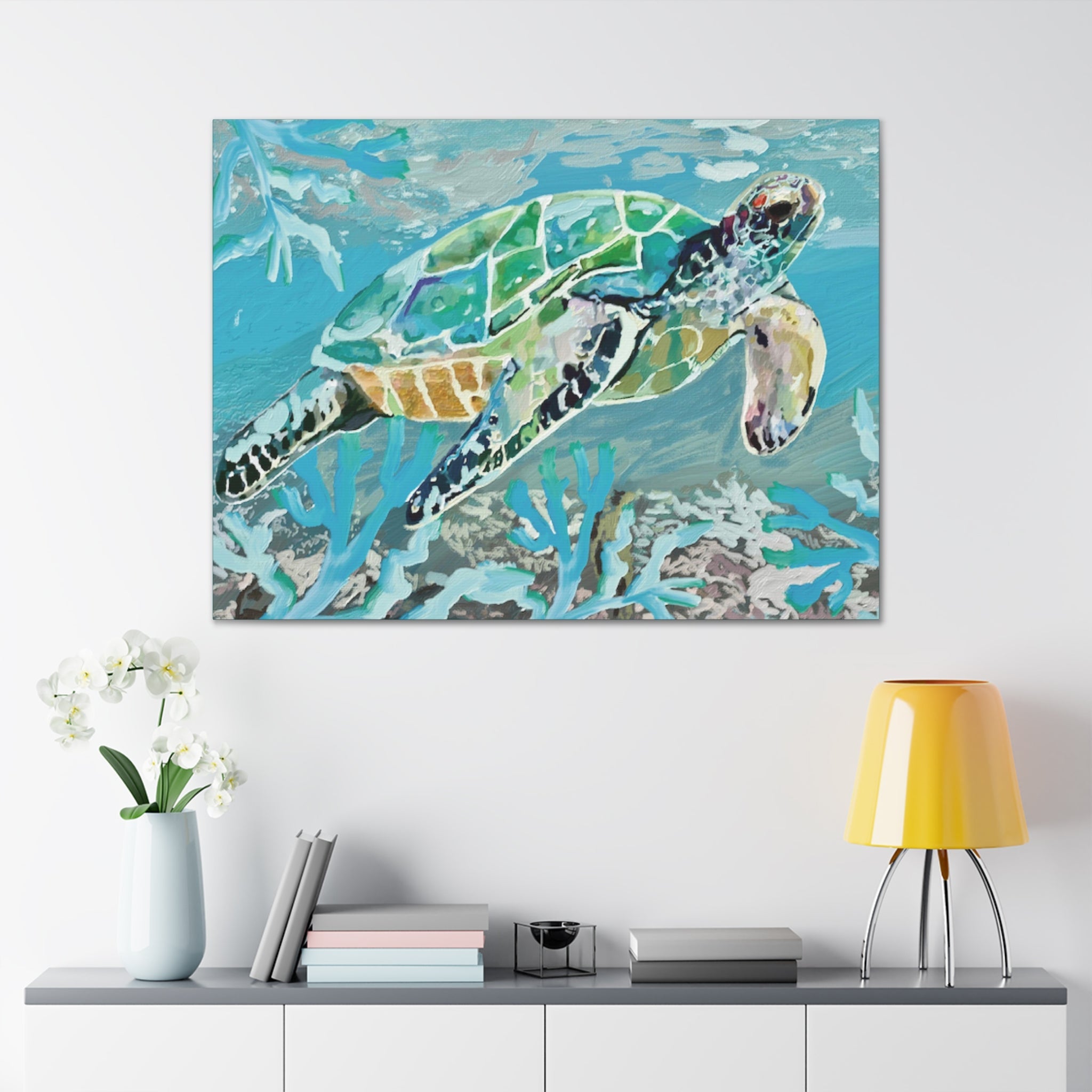Horizontal OKI Sea Turtle Coastal Canvas Stretched Canvas Wall Art, 0.75" depth. Multiple sizes available. - Blue Cava