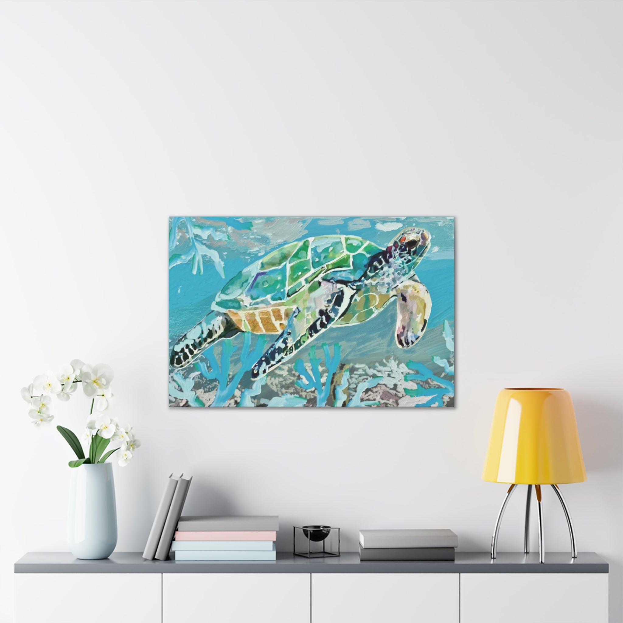 Horizontal OKI Sea Turtle Coastal Canvas Stretched Canvas Wall Art, 0.75" depth. Multiple sizes available. - Blue Cava