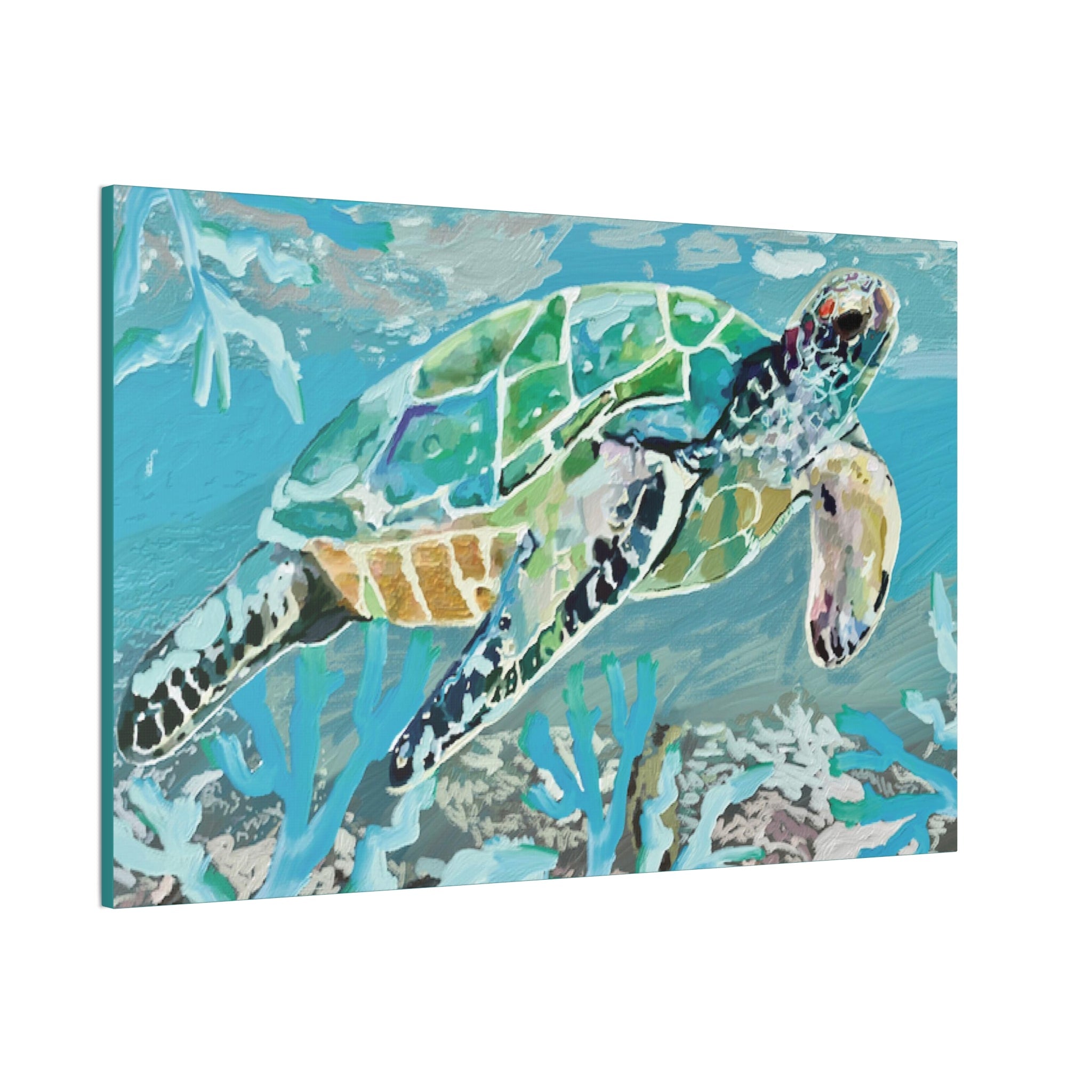 Horizontal OKI Sea Turtle Coastal Canvas Stretched Canvas Wall Art, 0.75" depth. Multiple sizes available. - Blue Cava