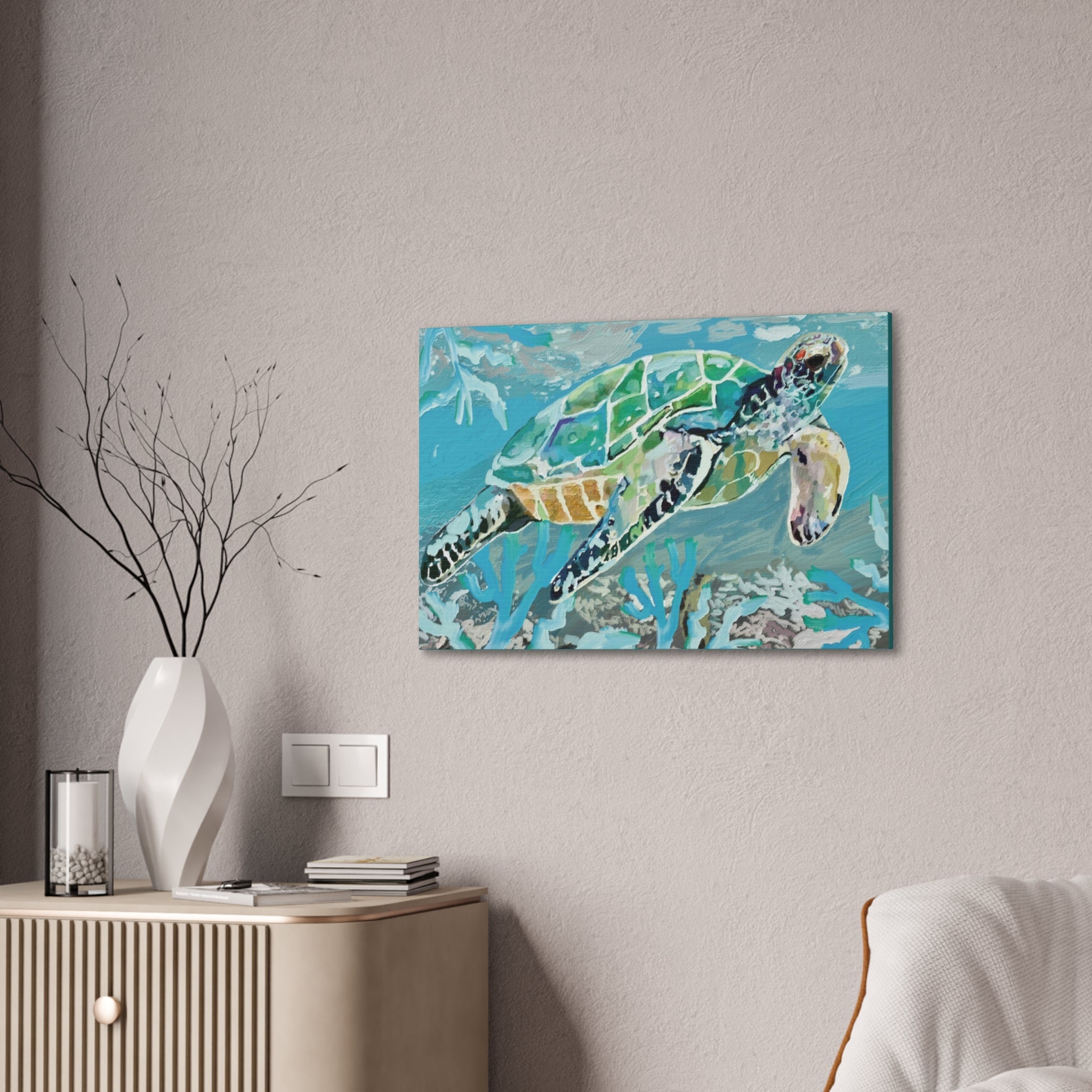 Horizontal OKI Sea Turtle Coastal Canvas Stretched Canvas Wall Art, 0.75" depth. Multiple sizes available. - Blue Cava