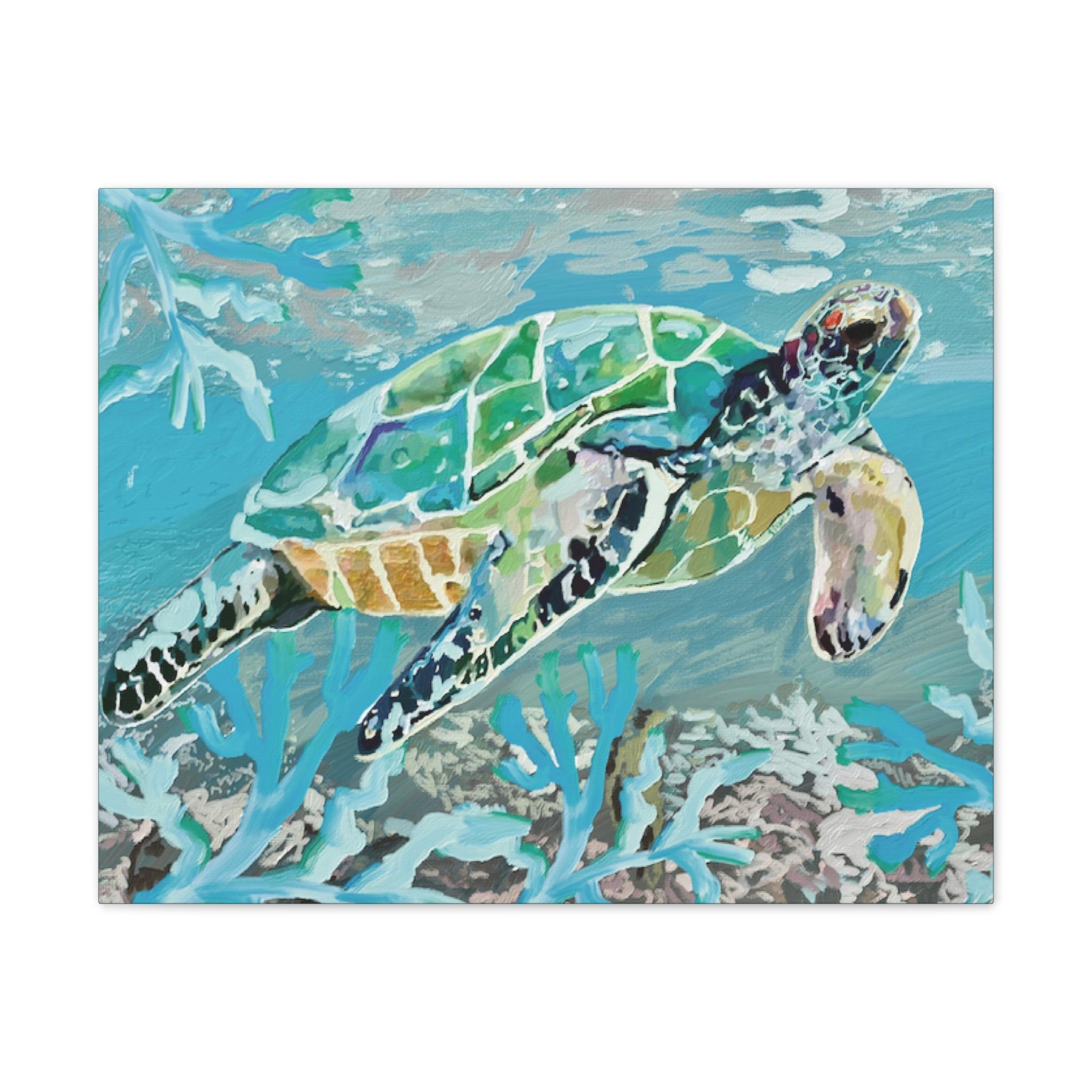 Horizontal OKI Sea Turtle Coastal Canvas Stretched Canvas Wall Art, 0.75" depth. Multiple sizes available. - Blue Cava