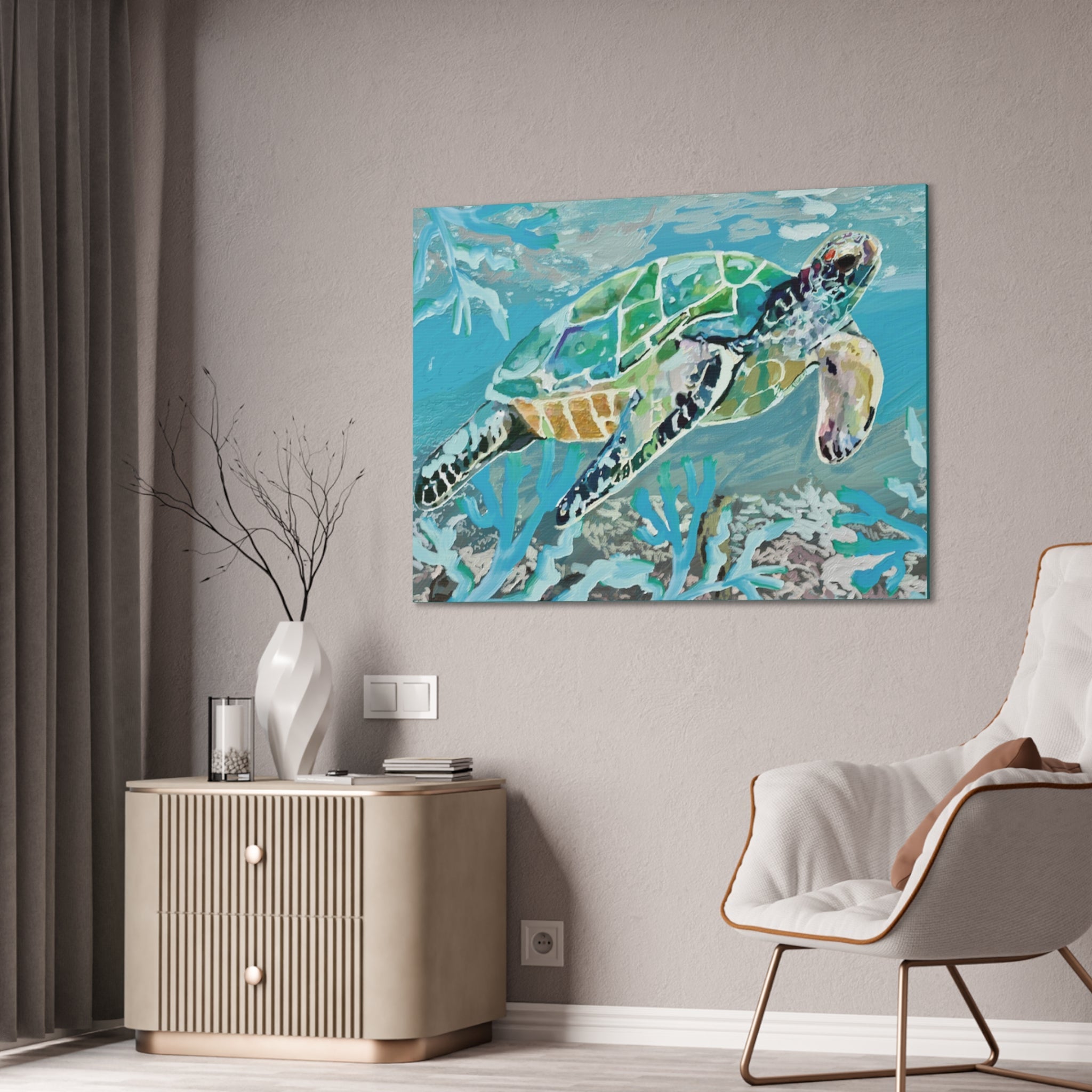 Horizontal OKI Sea Turtle Coastal Canvas Stretched Canvas Wall Art, 0.75" depth. Multiple sizes available. - Blue Cava