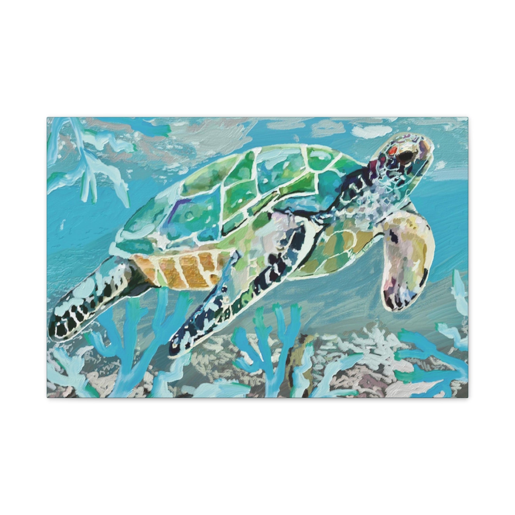 Horizontal OKI Sea Turtle Coastal Canvas Stretched Canvas Wall Art, 0.75" depth. Multiple sizes available. - Blue Cava