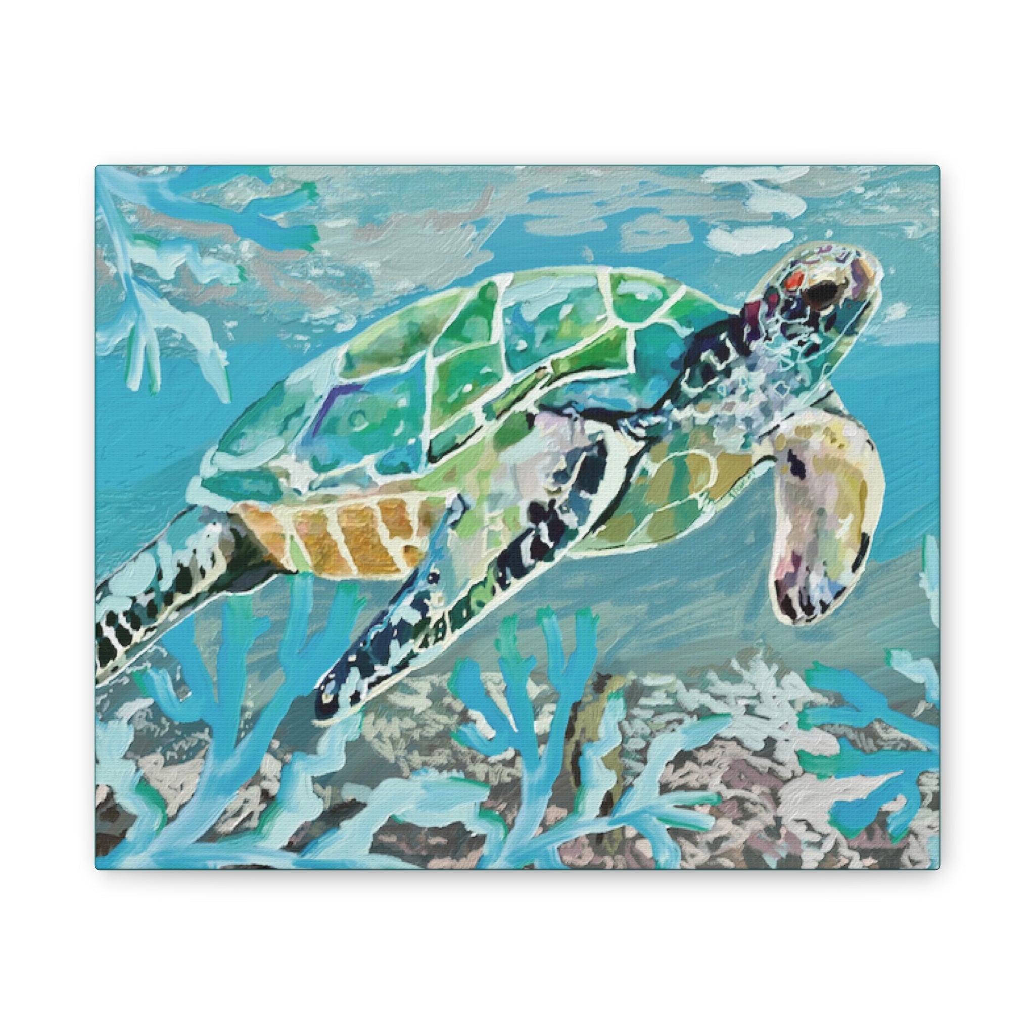 Horizontal OKI Sea Turtle Coastal Canvas Stretched Canvas Wall Art, 0.75" depth. Multiple sizes available. - Blue Cava