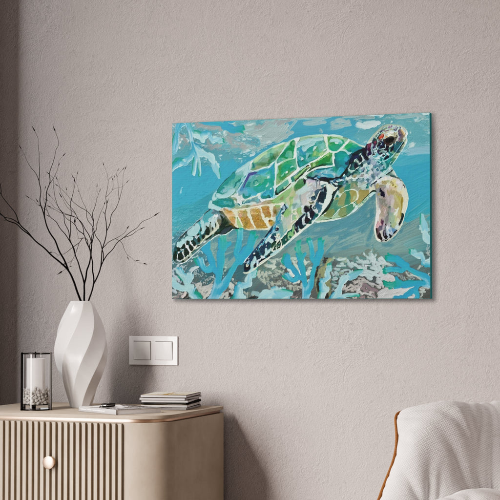 Horizontal OKI Sea Turtle Coastal Canvas Stretched Canvas Wall Art, 0.75" depth. Multiple sizes available. - Blue Cava