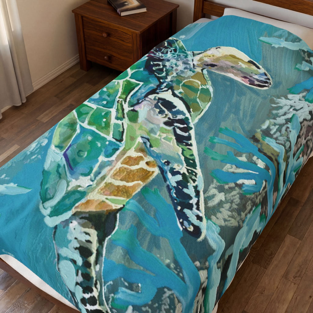 OKI Sea Turtle Velveteen Plush Blanket - Blue Cava