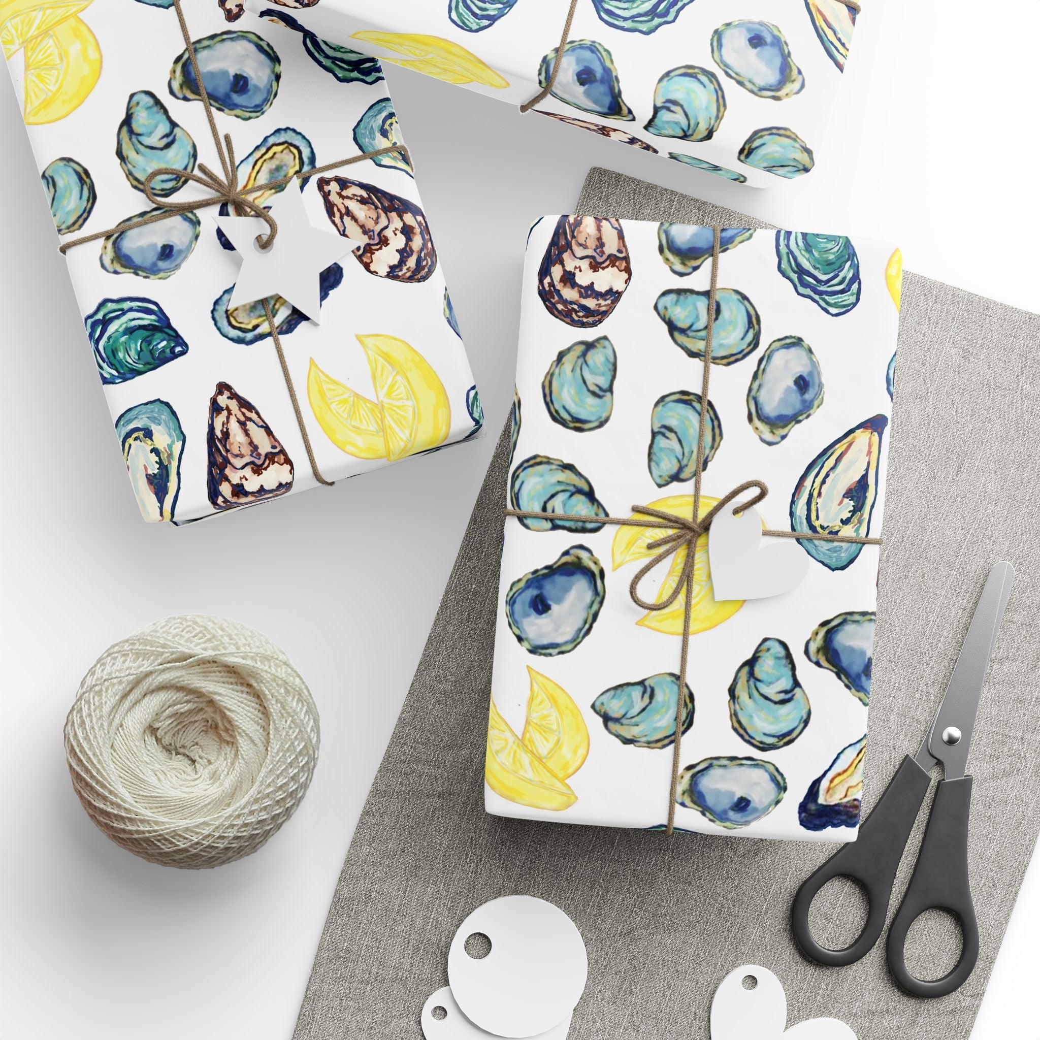 Coastal Oyster Gift Wrapping Paper, Eco-Friendly in matte or glossy available in 30 x 36, 30 x 72 or 30 x 180 - Blue Cava