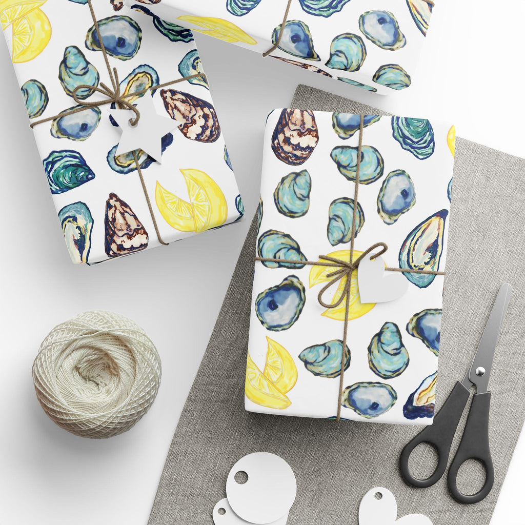 Coastal Oyster Gift Wrapping Paper, Eco-Friendly in matte or glossy available in 30 x 36, 30 x 72 or 30 x 180 - Blue Cava