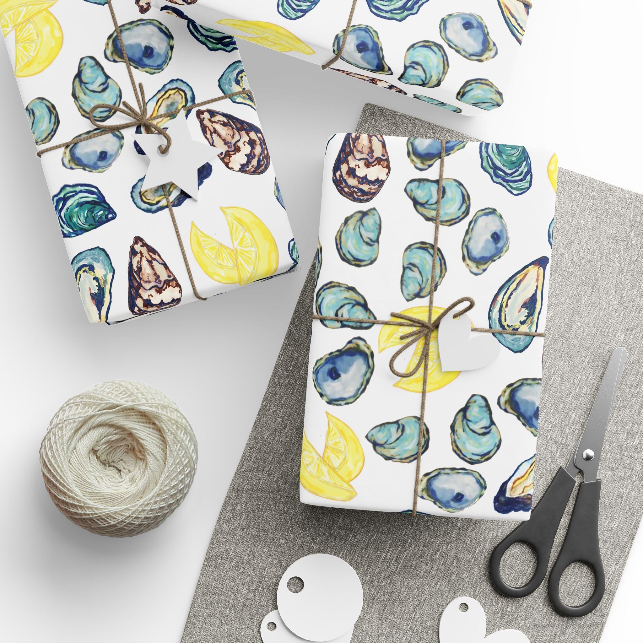 Coastal Oyster Gift Wrapping Paper, Eco-Friendly in matte or glossy available in 30 x 36, 30 x 72 or 30 x 180 - Blue Cava