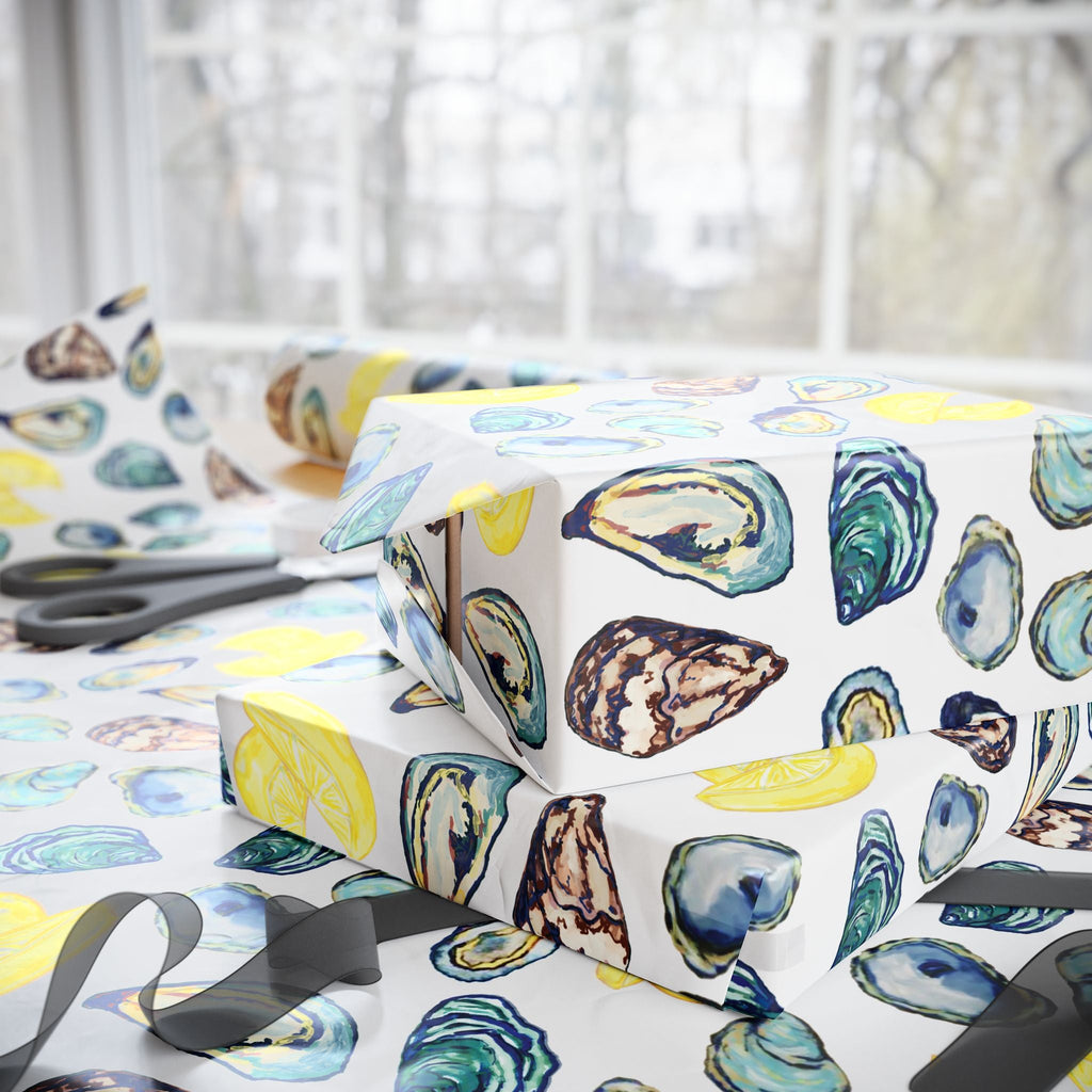 Coastal Oyster Gift Wrapping Paper, Eco-Friendly in matte or glossy available in 30 x 36, 30 x 72 or 30 x 180 - Blue Cava