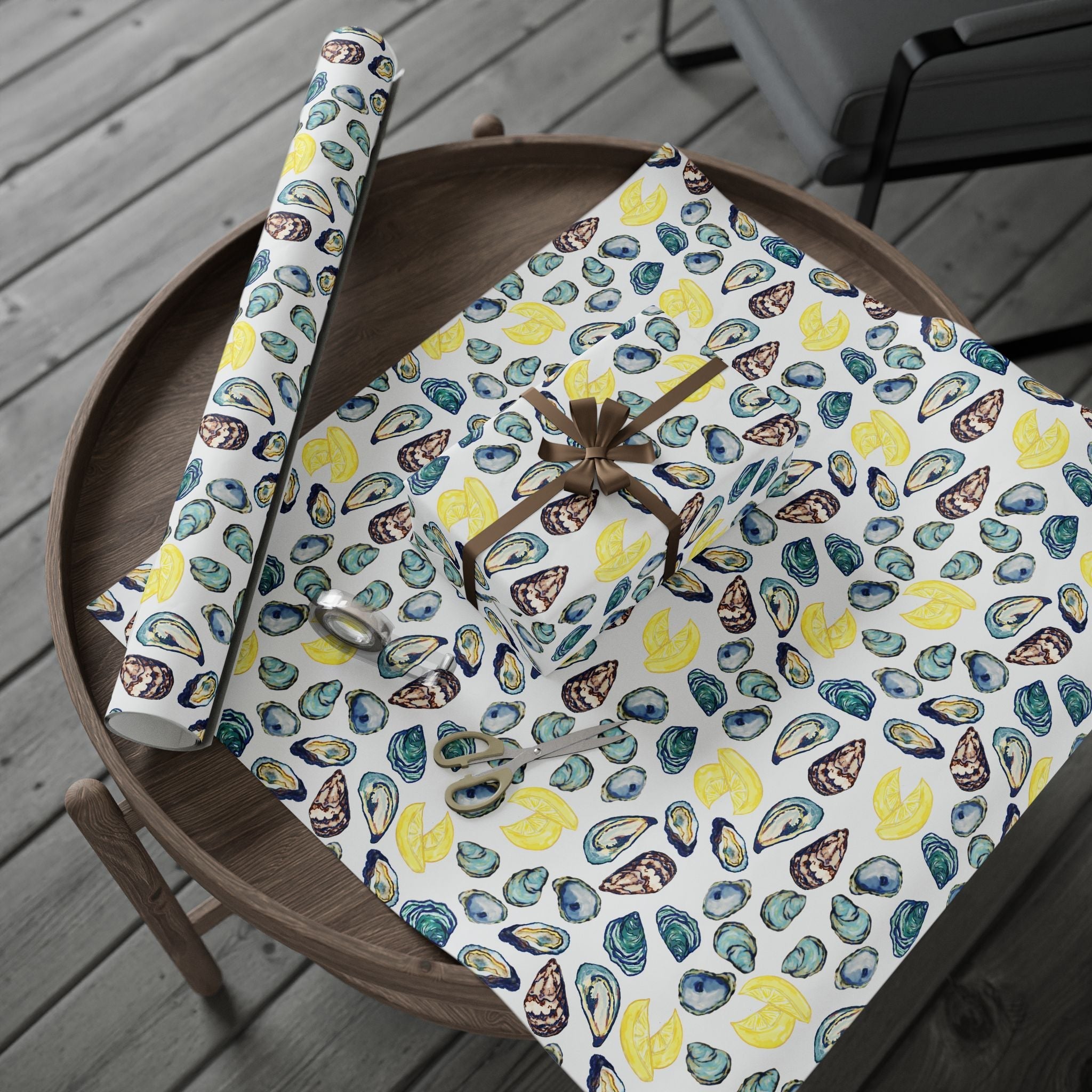 Coastal Oyster Gift Wrapping Paper, Eco-Friendly in matte or glossy available in 30 x 36, 30 x 72 or 30 x 180 - Blue Cava