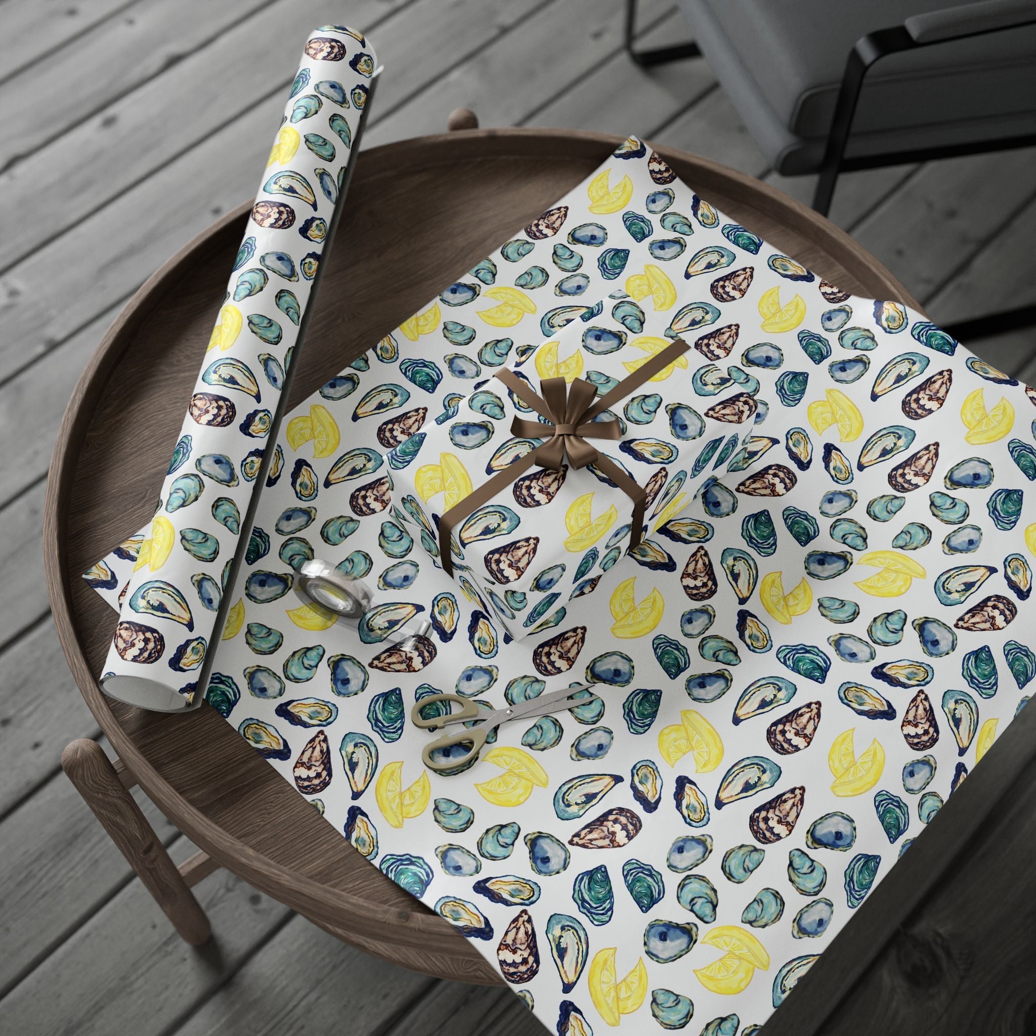 Coastal Oyster Gift Wrapping Paper, Eco-Friendly in matte or glossy available in 30 x 36, 30 x 72 or 30 x 180 - Blue Cava