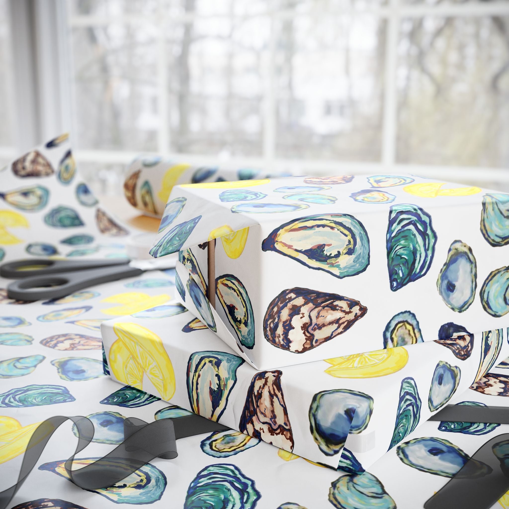 Coastal Oyster Gift Wrapping Paper, Eco-Friendly in matte or glossy available in 30 x 36, 30 x 72 or 30 x 180 - Blue Cava