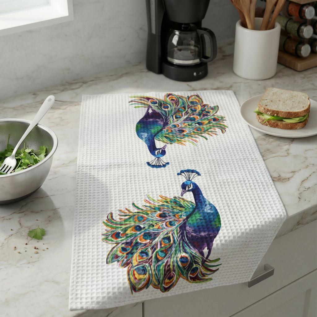 Peacock Print Waffle Weave Kitchen Towel - Blue Cava