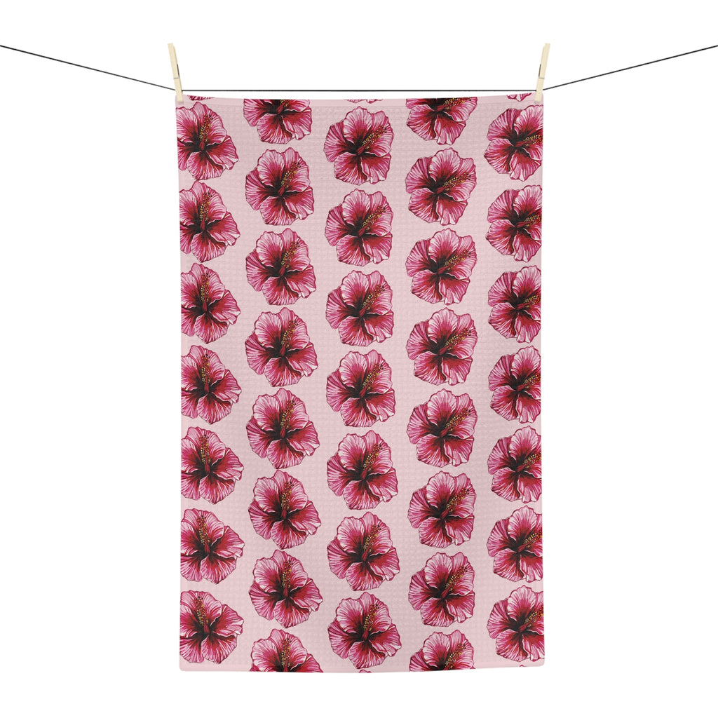 Pink Floral Hibiscus Microfiber Waffle Kitchen Towel - Blue Cava
