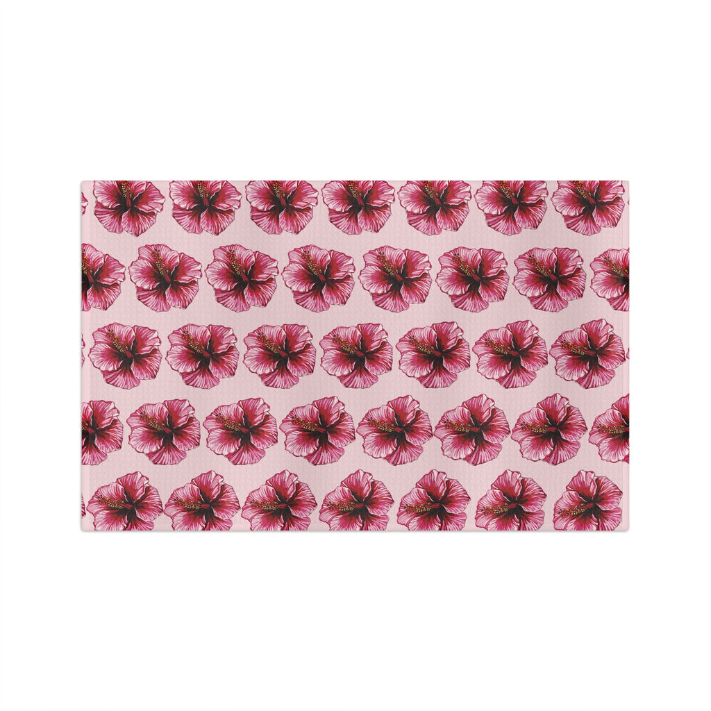 Pink Floral Hibiscus Microfiber Waffle Kitchen Towel - Blue Cava