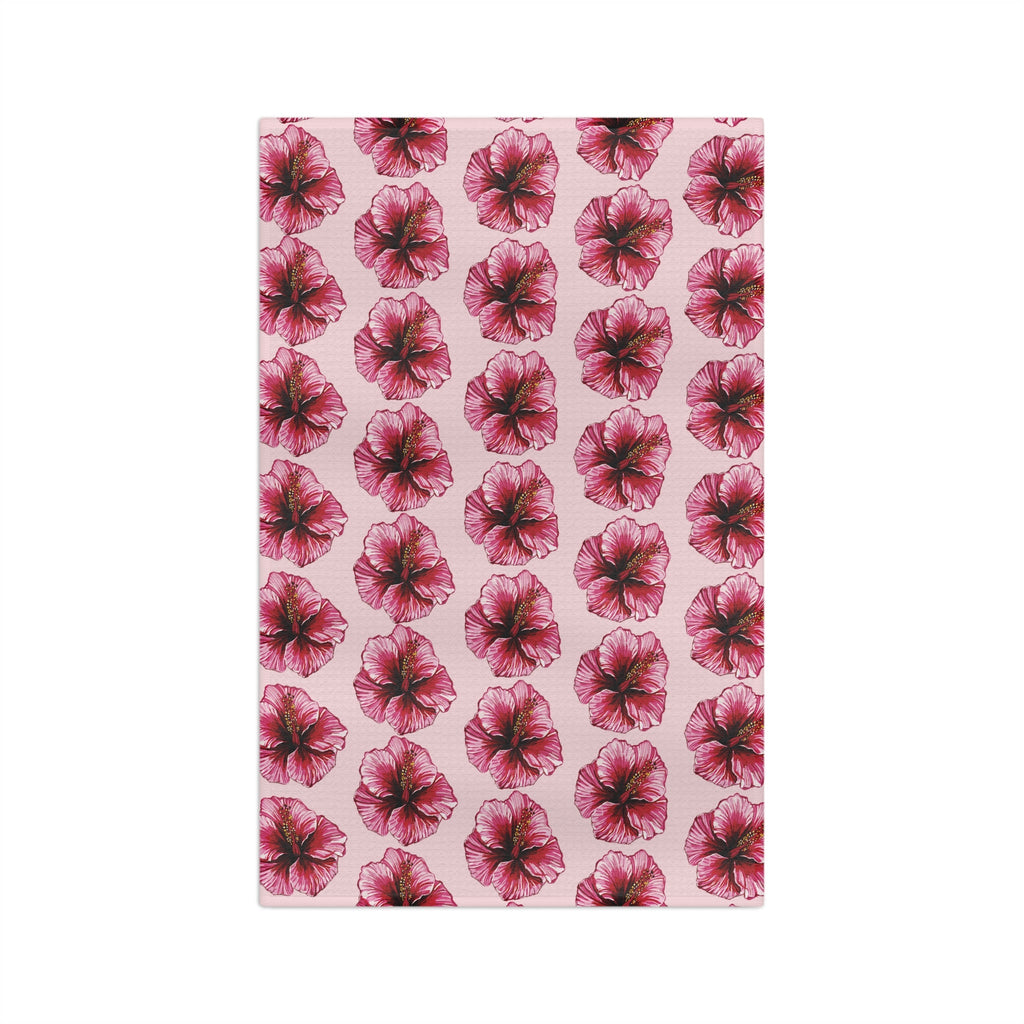 Pink Floral Hibiscus Microfiber Waffle Kitchen Towel - Blue Cava