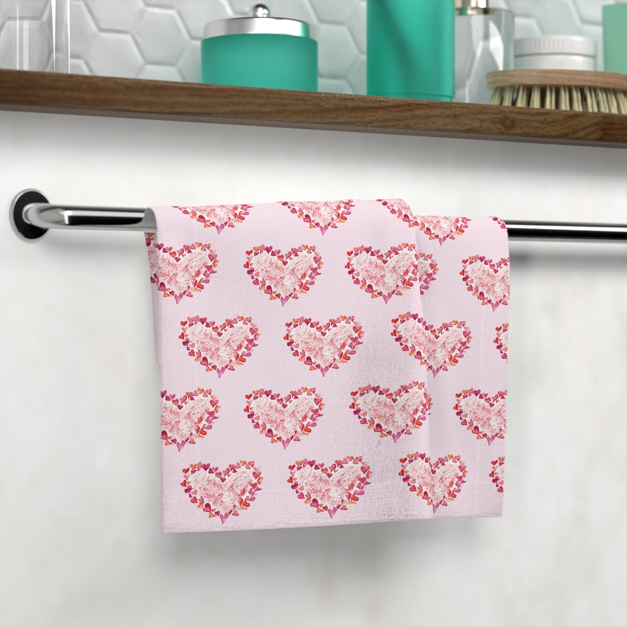 Pink Heart Washcloth Towel — Cute Valentine's Cotton Face Cloth - Blue Cava