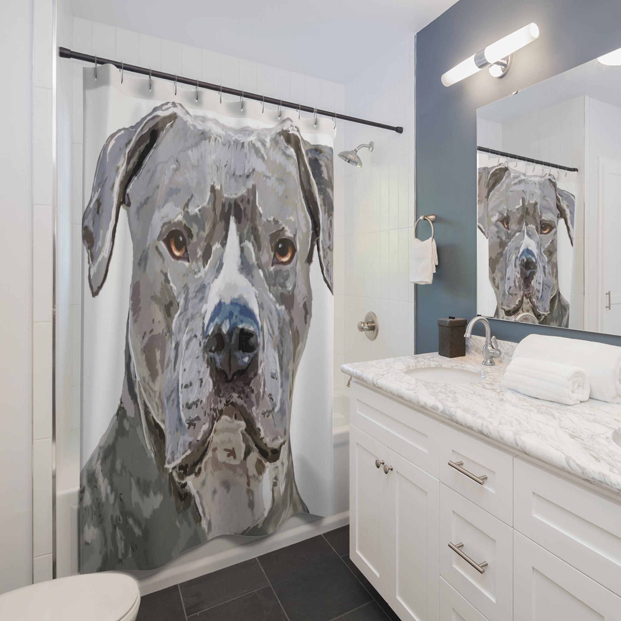 Pit Bull Dog Portrait Shower Curtain — Bathroom Decor - Blue Cava