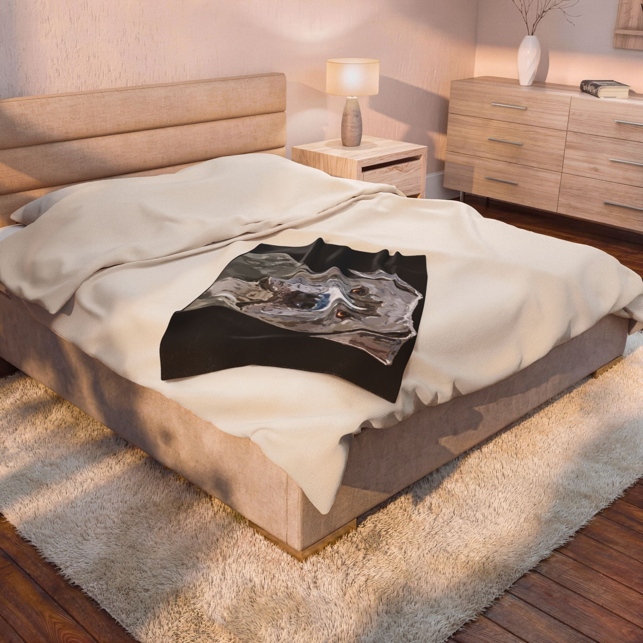 Pitbull Watercolor Portrait Velveteen Plush Blanket - Blue Cava